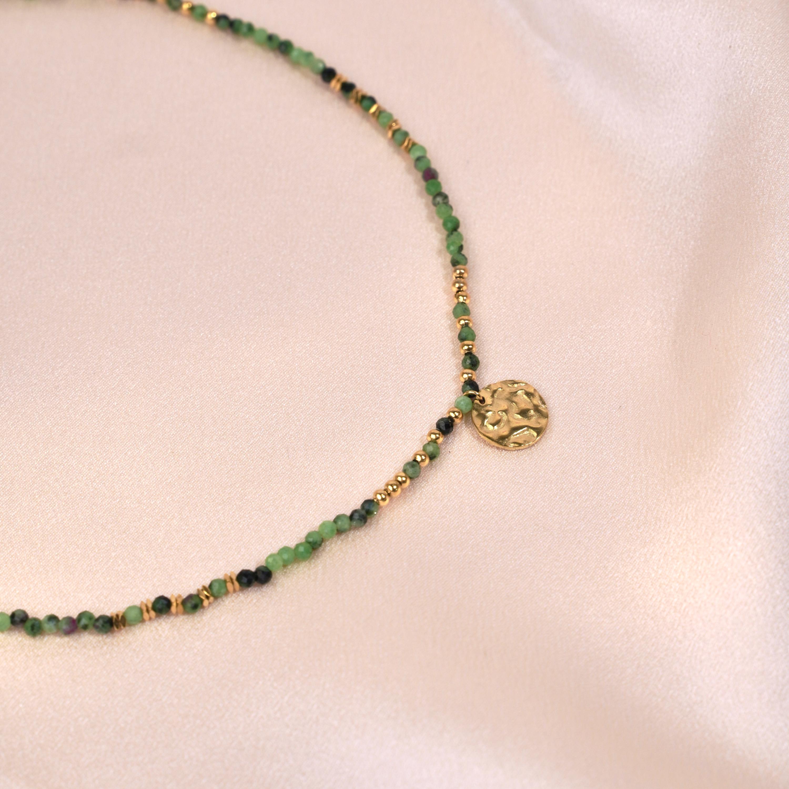 Collier pierre naturelle Tourmaline verte / Collier femme perles pendentif rond acier inoxydable