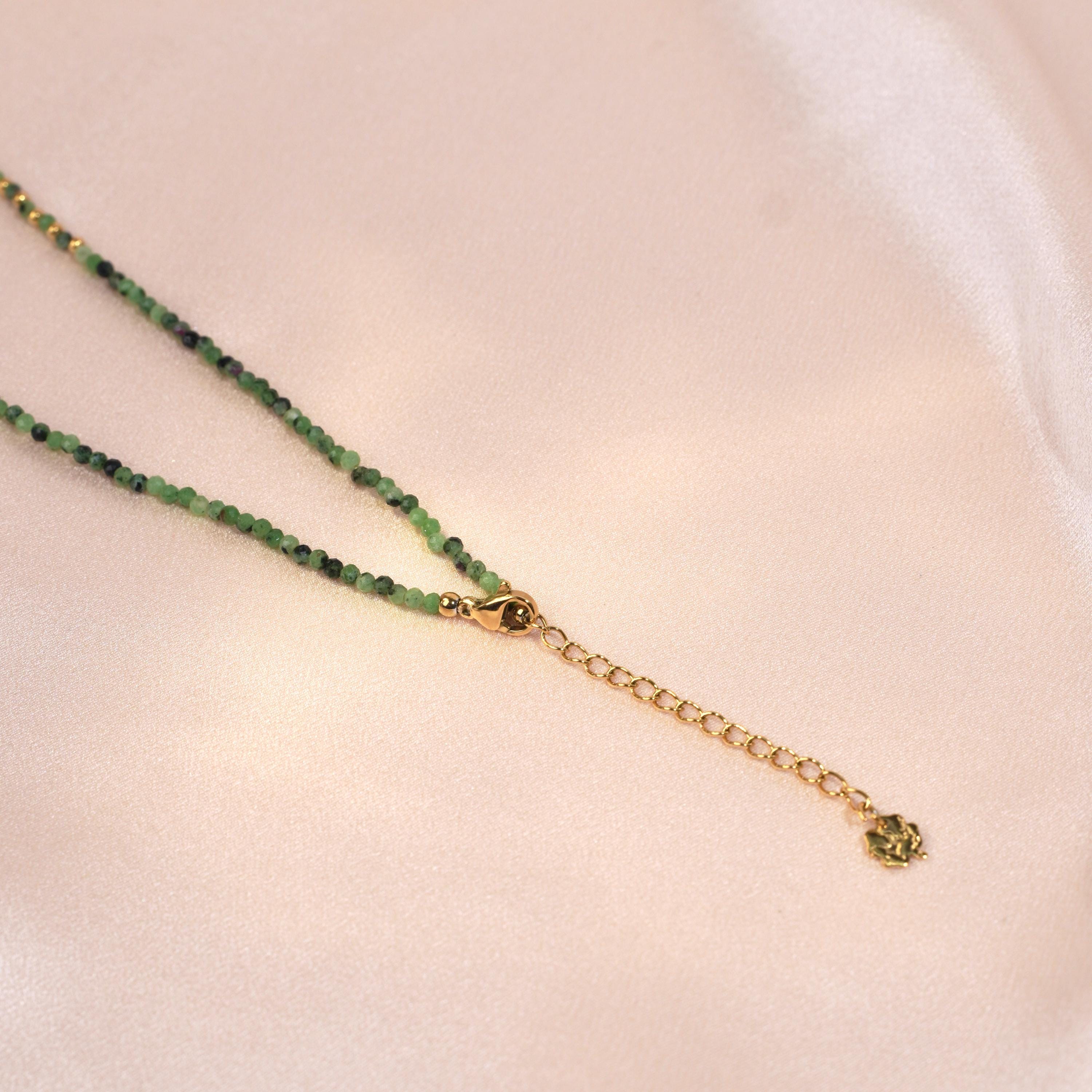 Collier pierre naturelle Tourmaline verte / Collier femme perles pendentif rond acier inoxydable