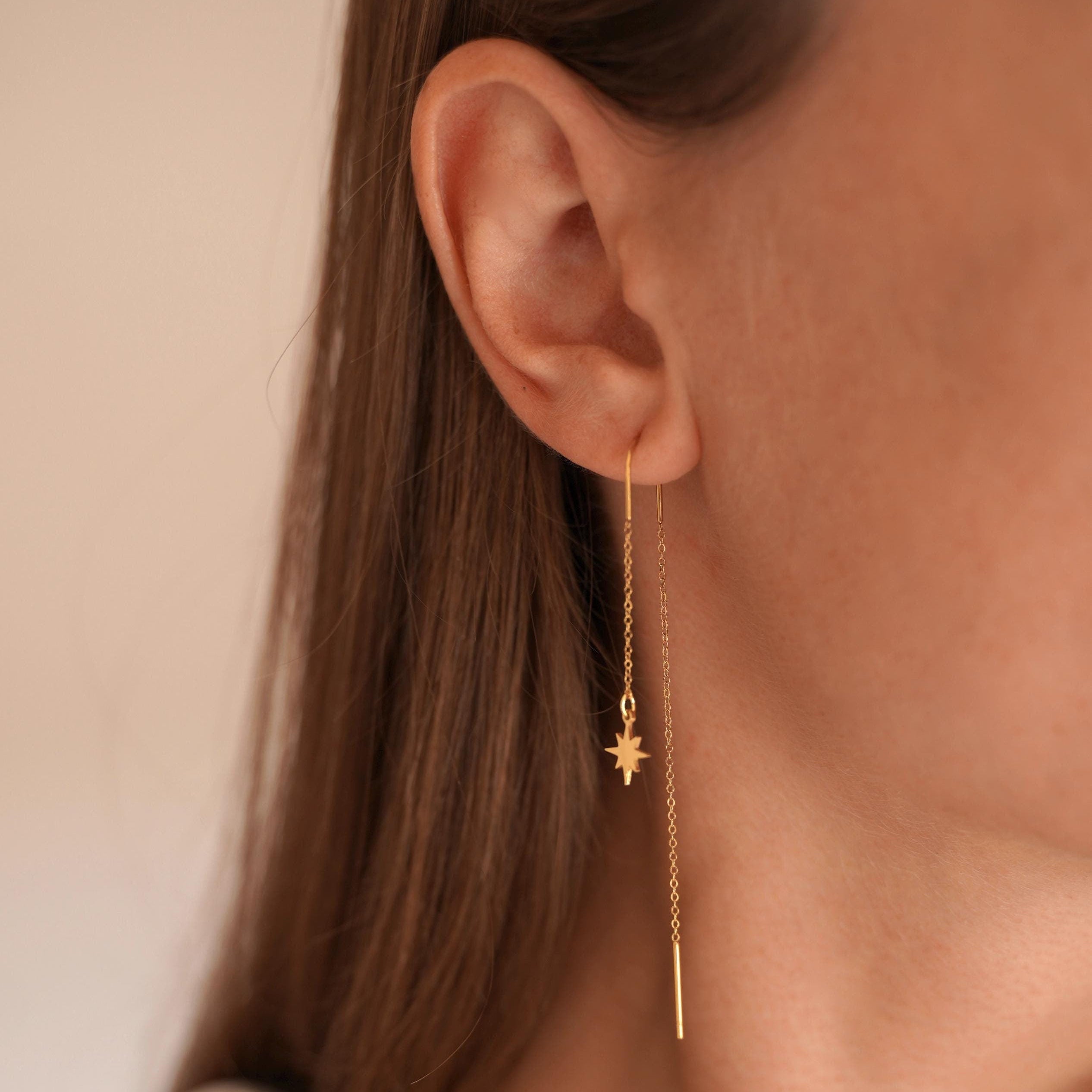 Boucles d'oreilles pendantes des deux cotés pendentif étoile / Boucles d'oreille chaine traversante acier inoxydable
