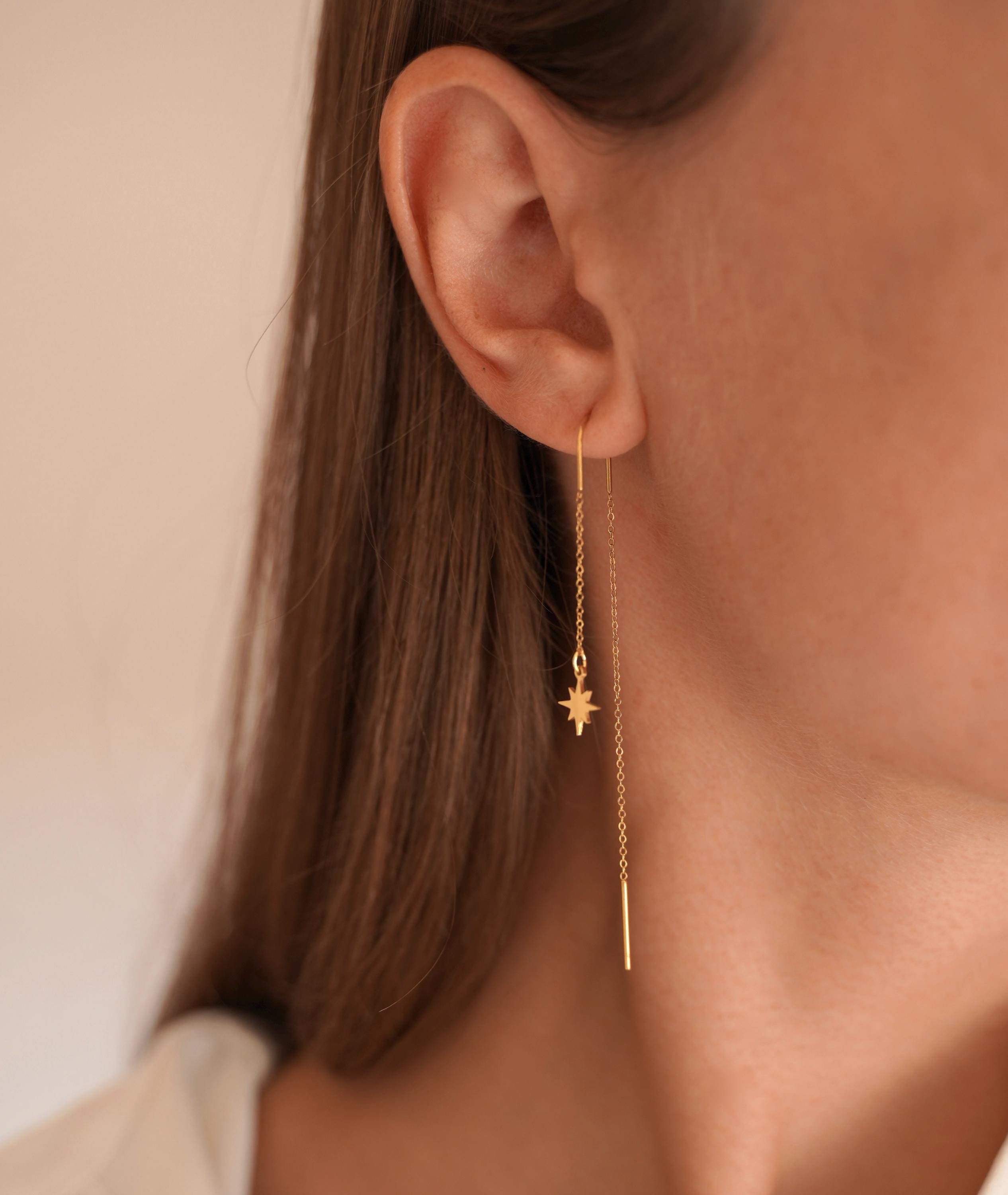 Boucles d'oreilles pendantes des deux cotés pendentif étoile / Boucles d'oreille chaine traversante acier inoxydable