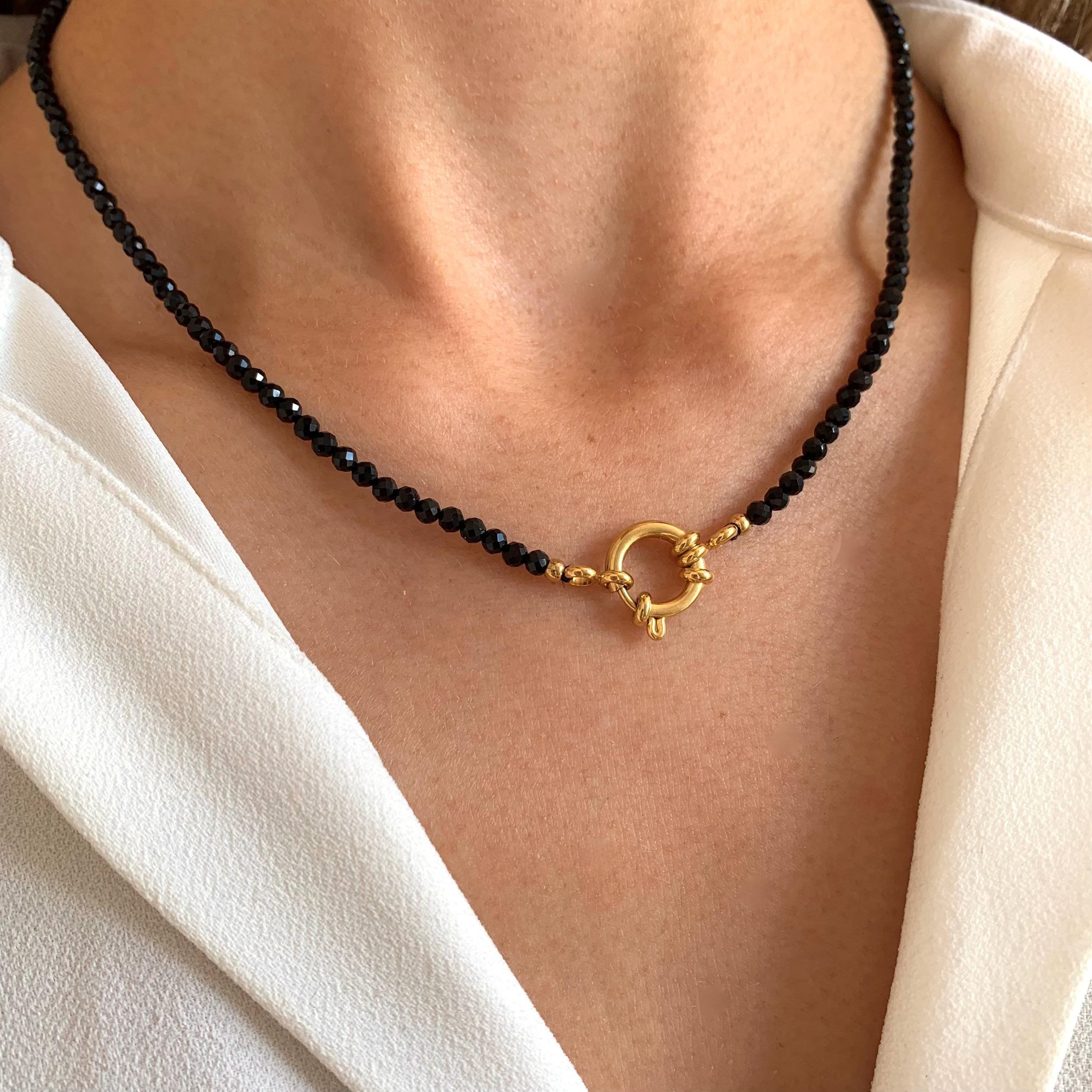 Collier pierre naturelle onyx noir acier inoxydable / Collier femme perles noires