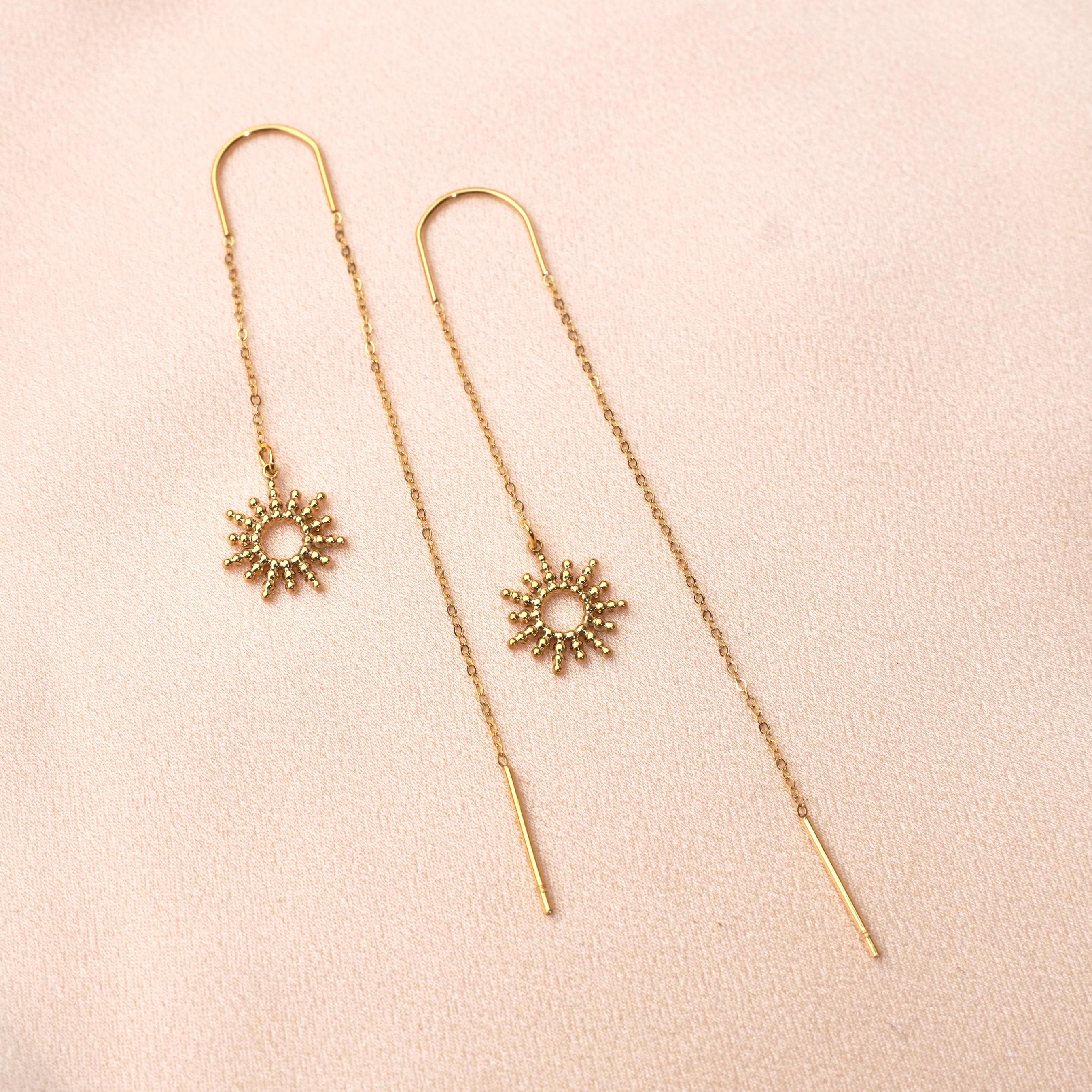 Boucles d'oreilles pendantes des deux cotés pendentif soleil / Boucles d'oreille chaine traversante acier inoxydable