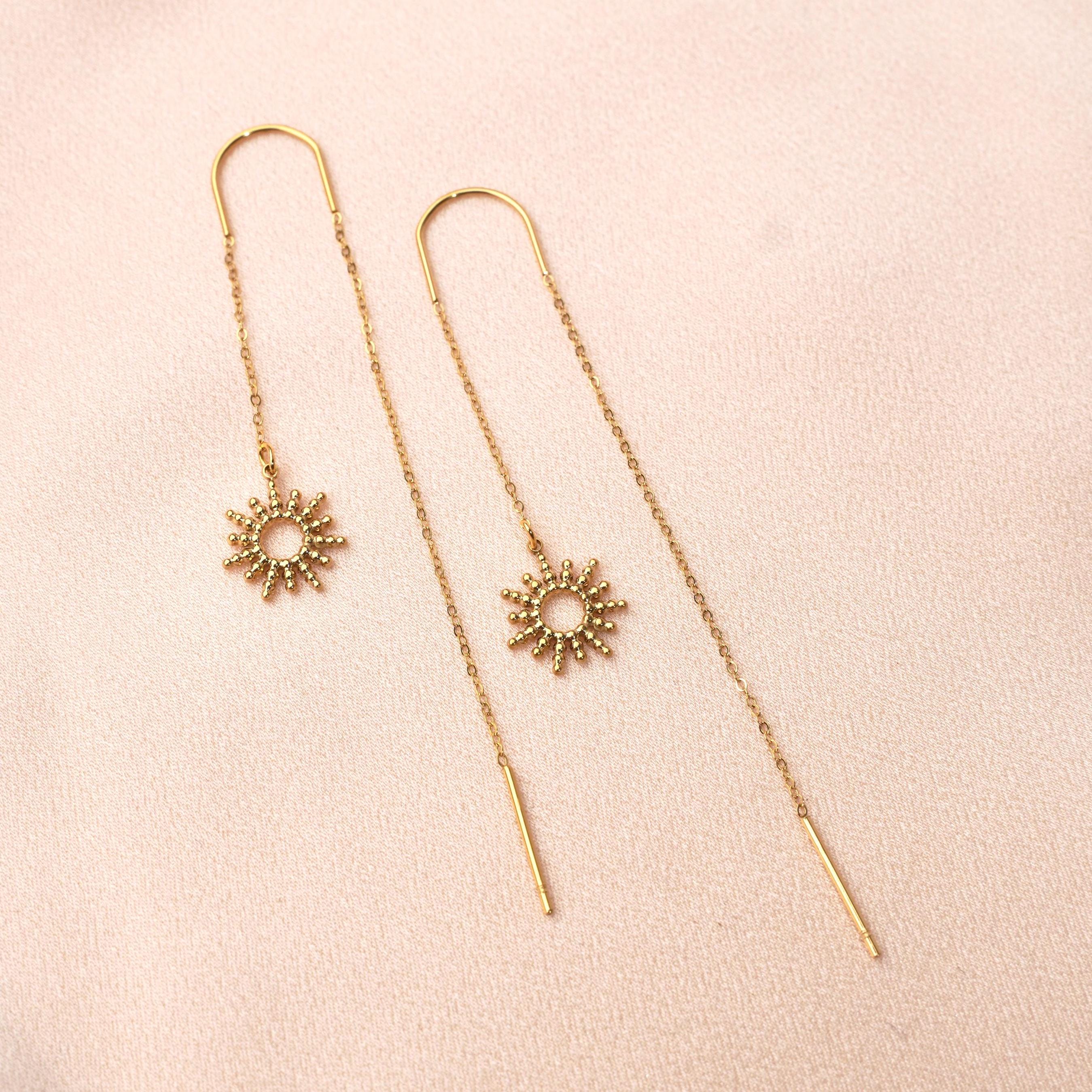 Boucles d'oreilles pendantes des deux cotés pendentif soleil / Boucles d'oreille chaine traversante acier inoxydable