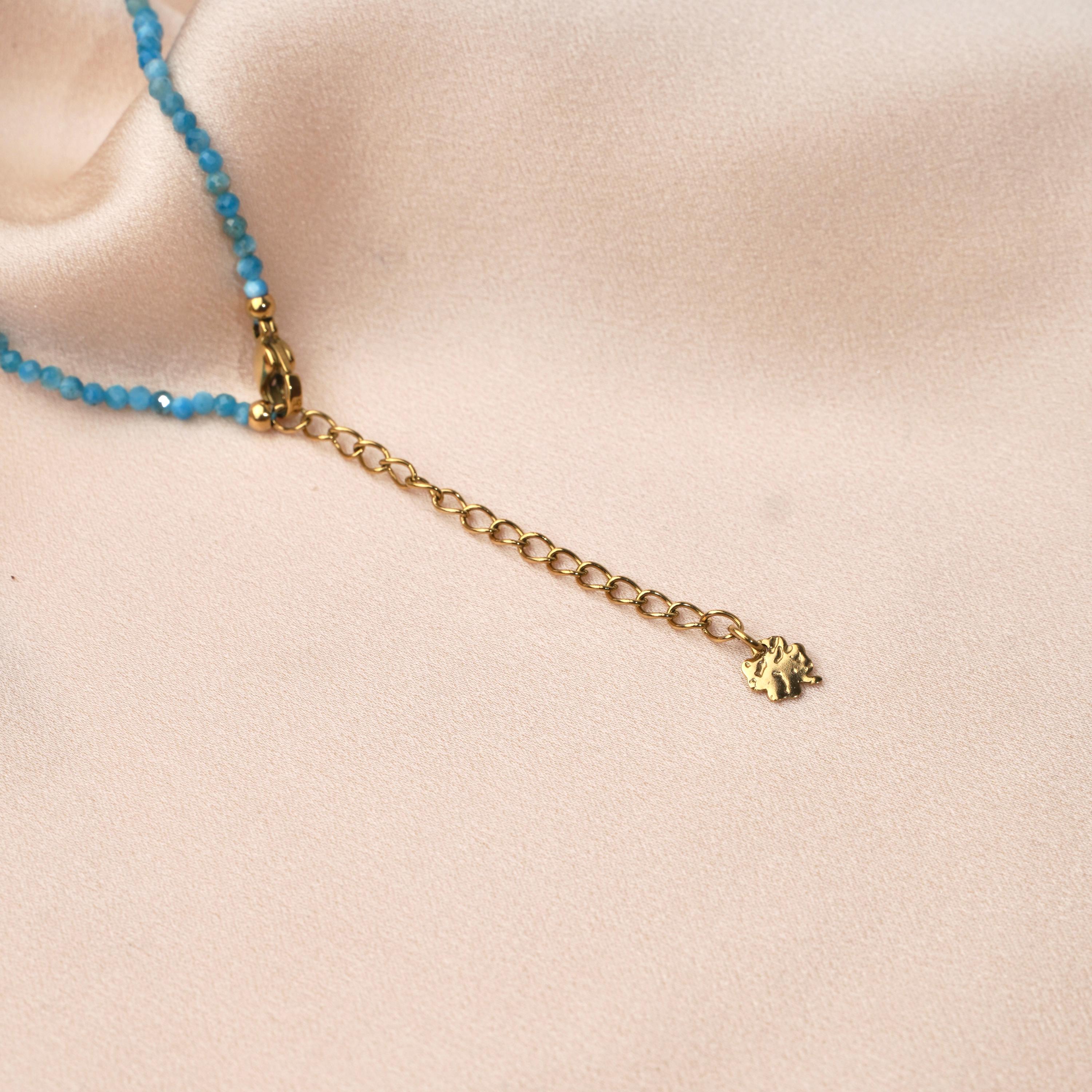 Collier pierre naturelle Apatite / Collier femme perles pendentif rond acier inoxydable