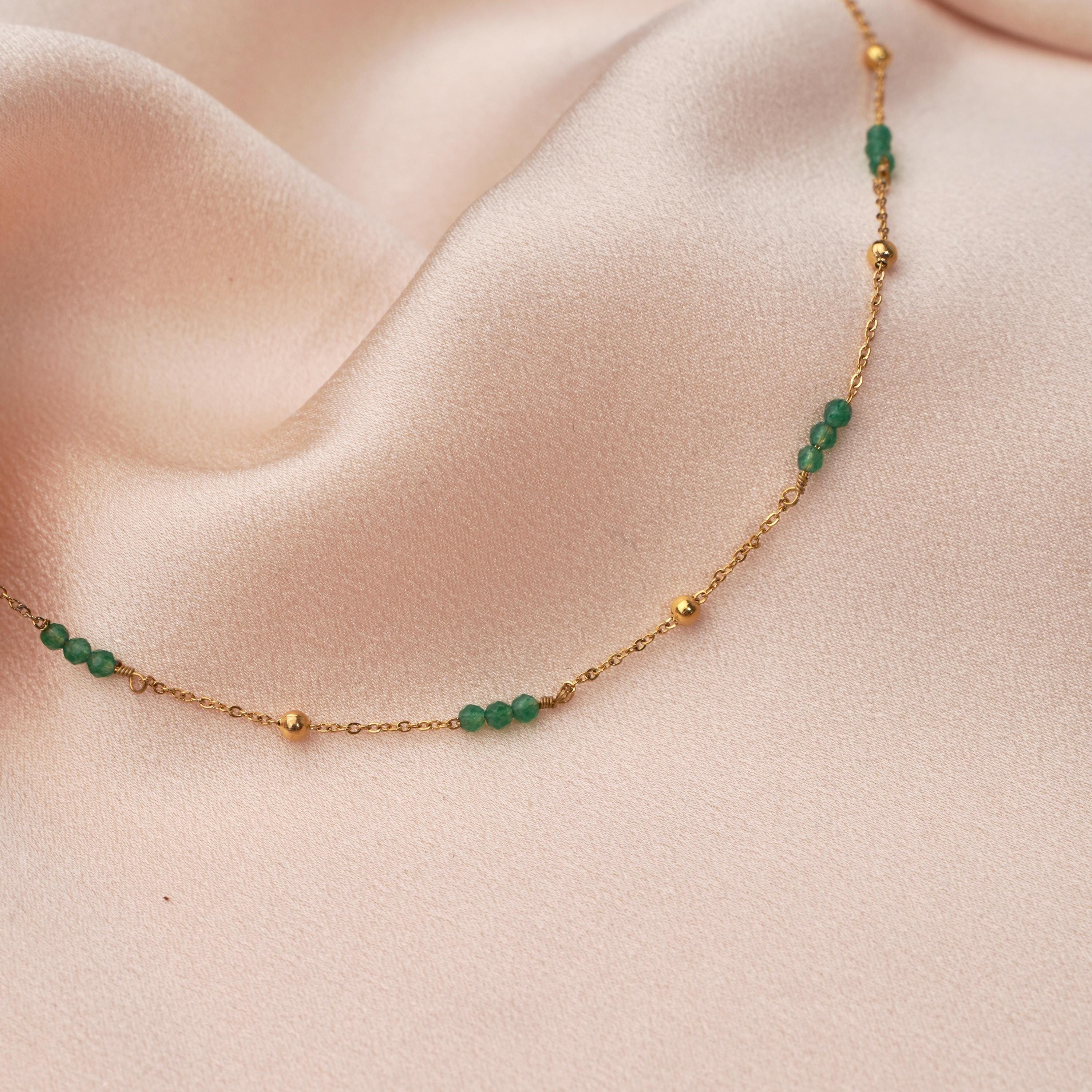 Collier pierre naturelle Agate verte / Collier femme chaine perles vertes acier inoxydable