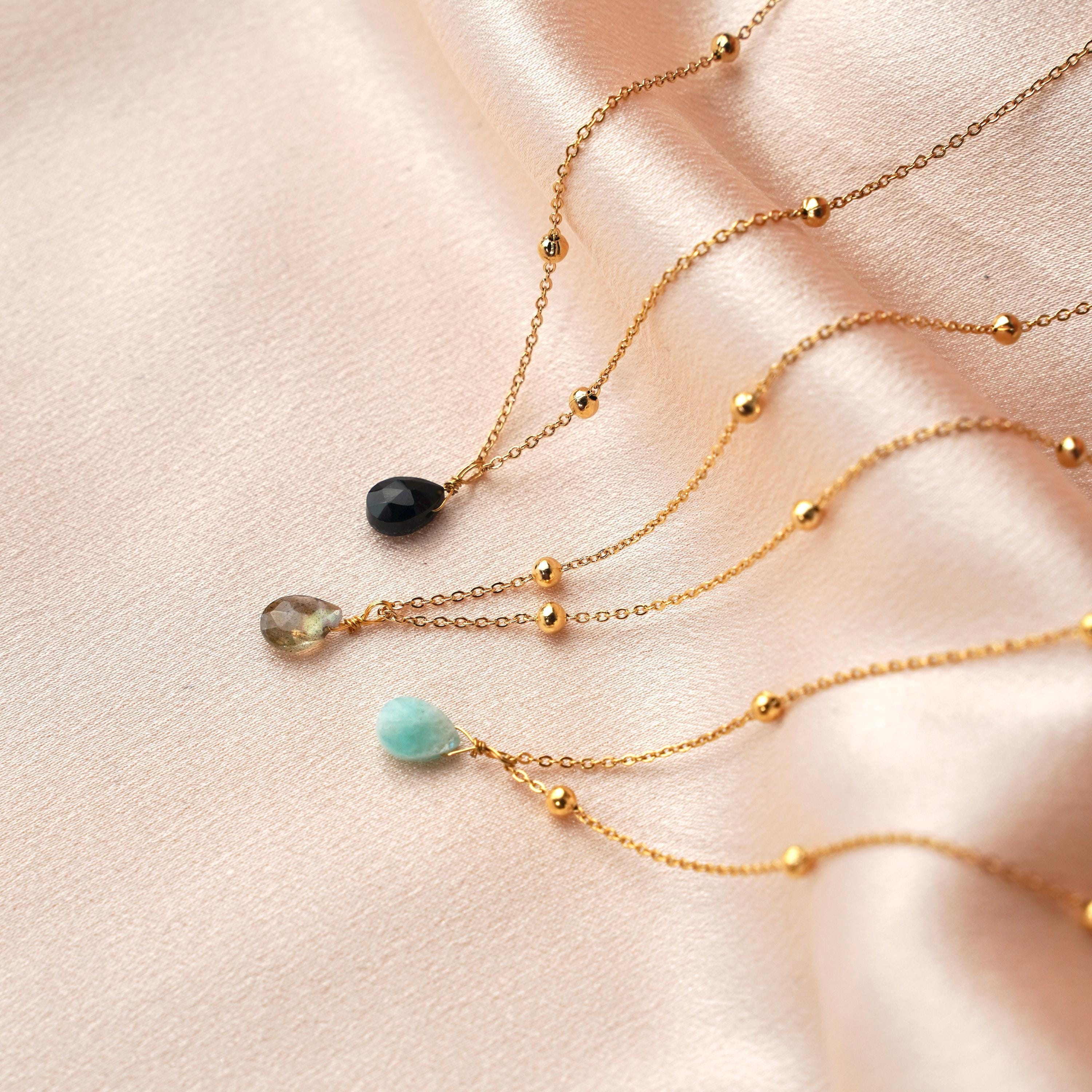 Collier fin pendentif pierre amazonite bleu turquoise / Collier femme minimaliste chaine fine acier inoxydable / Cadeau femme
