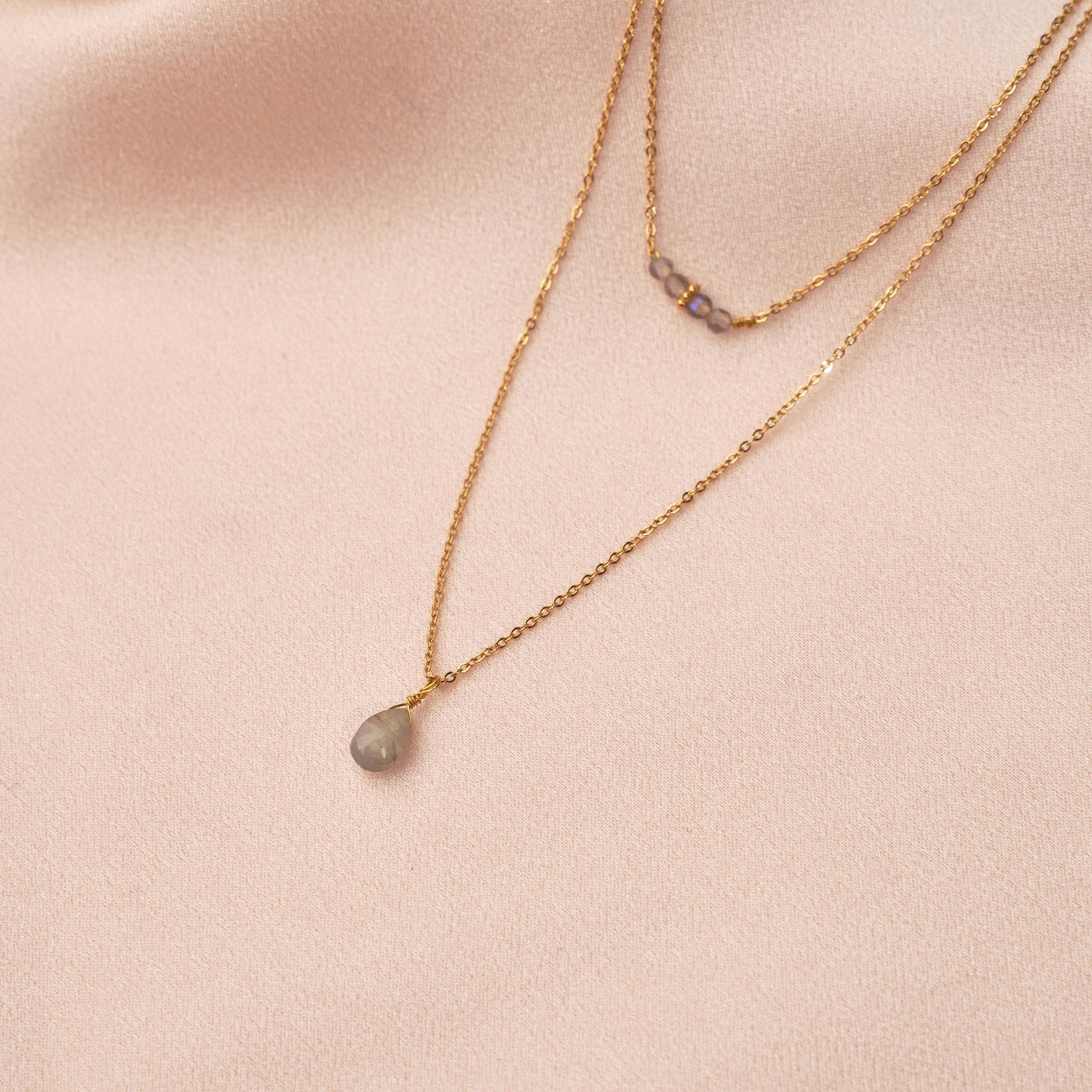 Collier fin double rang perles grises labradorite / Collier femme acier inoxydable pendentif goutte pierre naturelle
