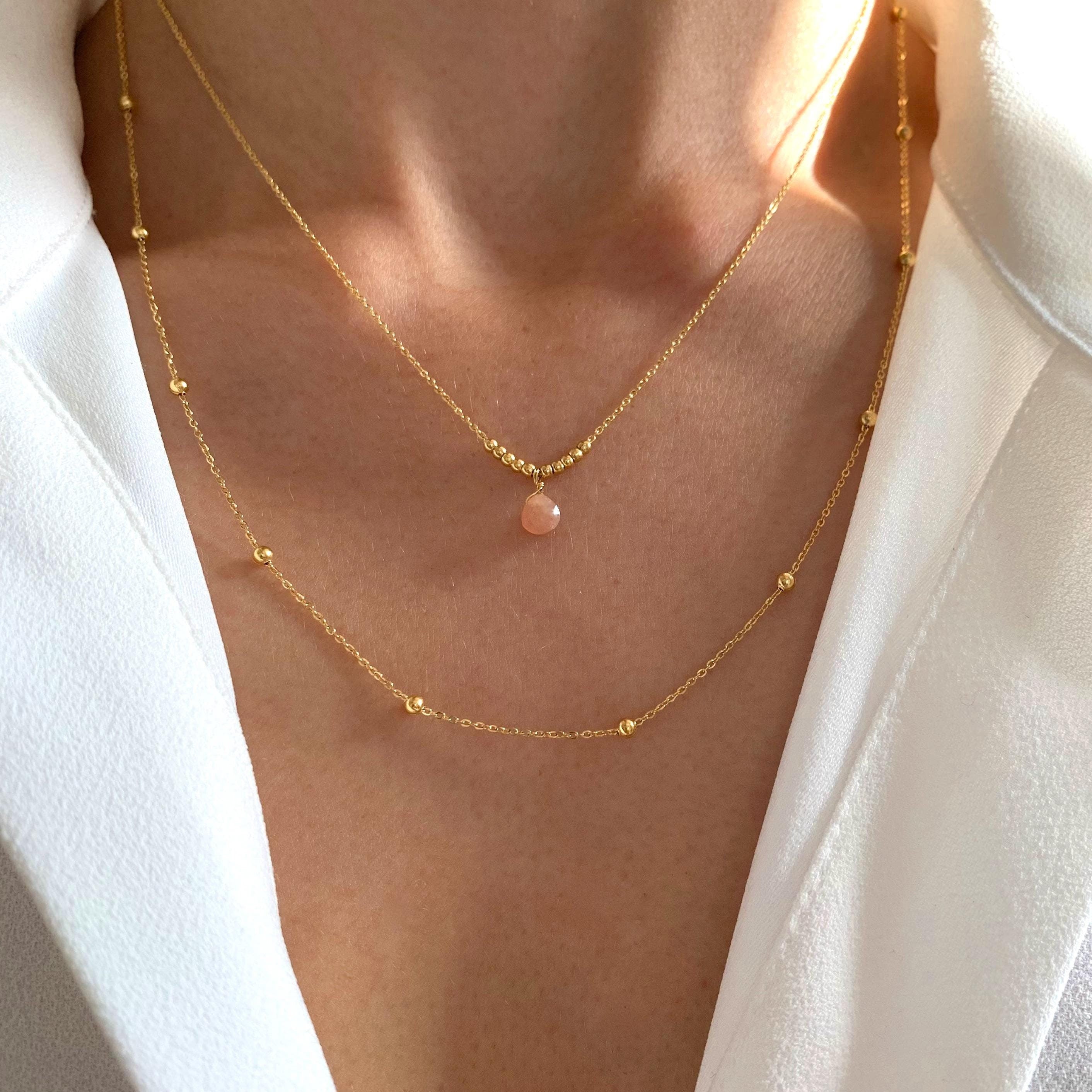 Collier fin double rang quartz / Collier femme acier inoxydable chaine à billes pendentif pierre naturelle