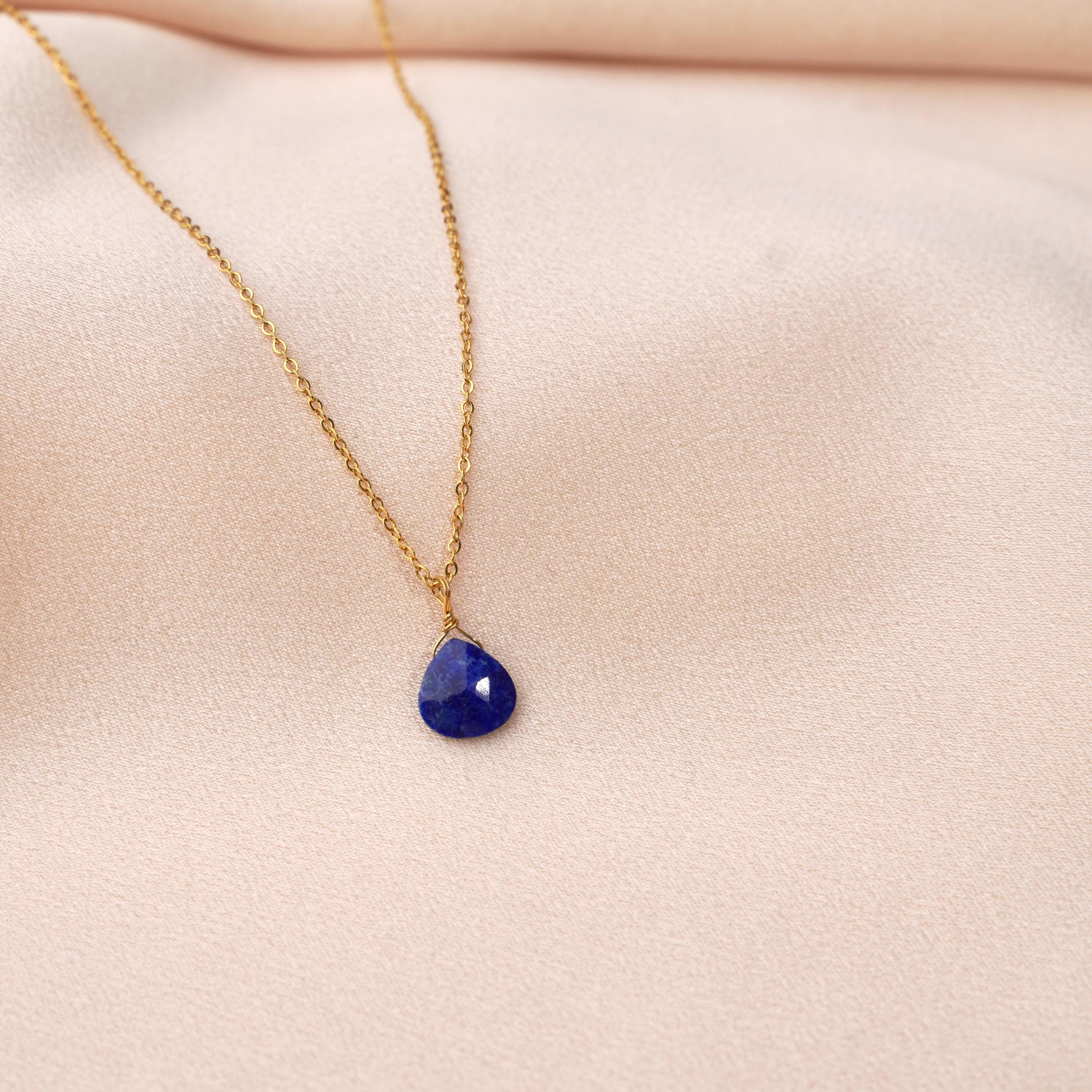 Collier femme pendentif Lapis Lazuli chaine fine / Collier acier inoxydable pierre naturelle bleu foncé
