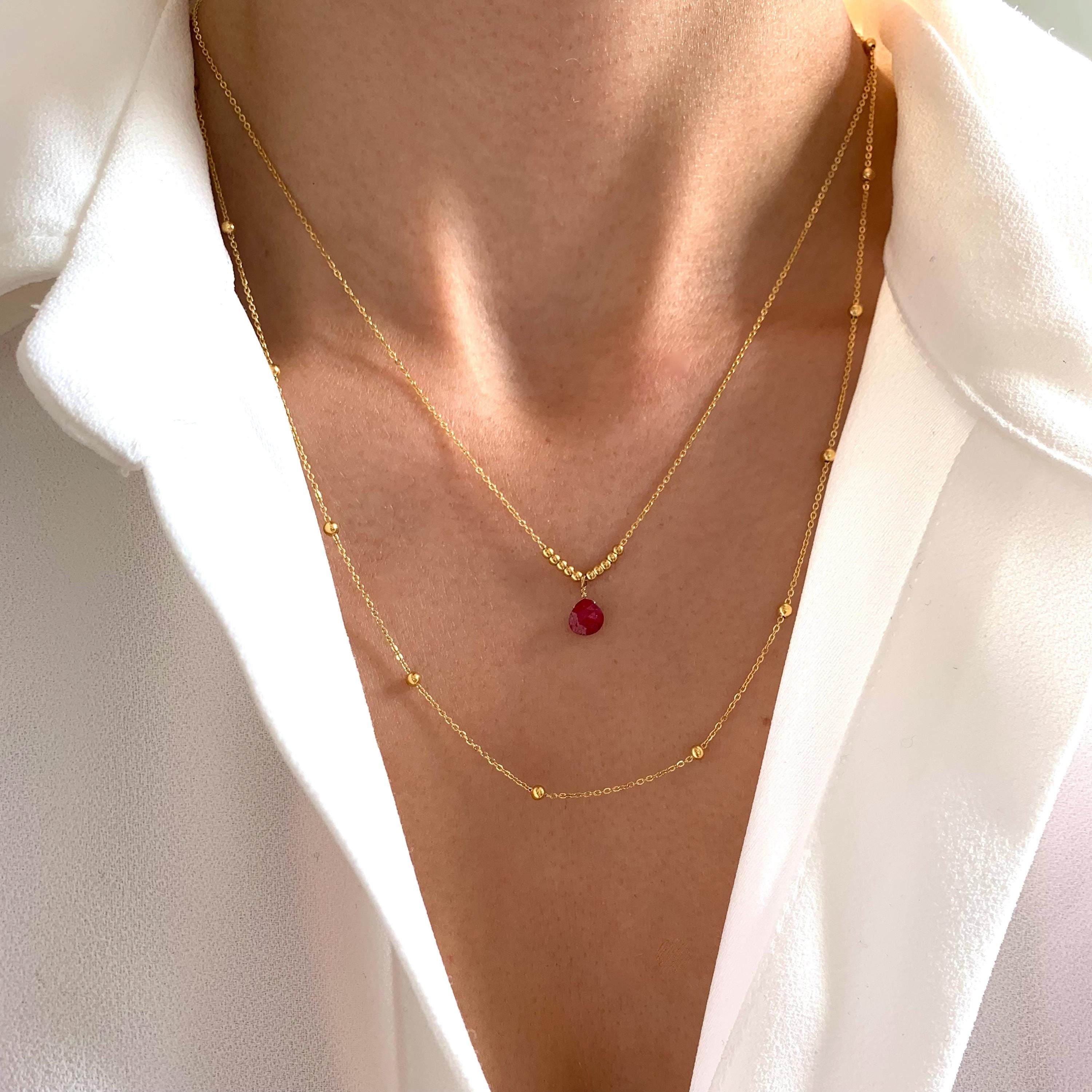 Collier fin double rang pierre naturelle rose fuchsia / Collier femme acier inoxydable chaine à billes acier pendentif goutte