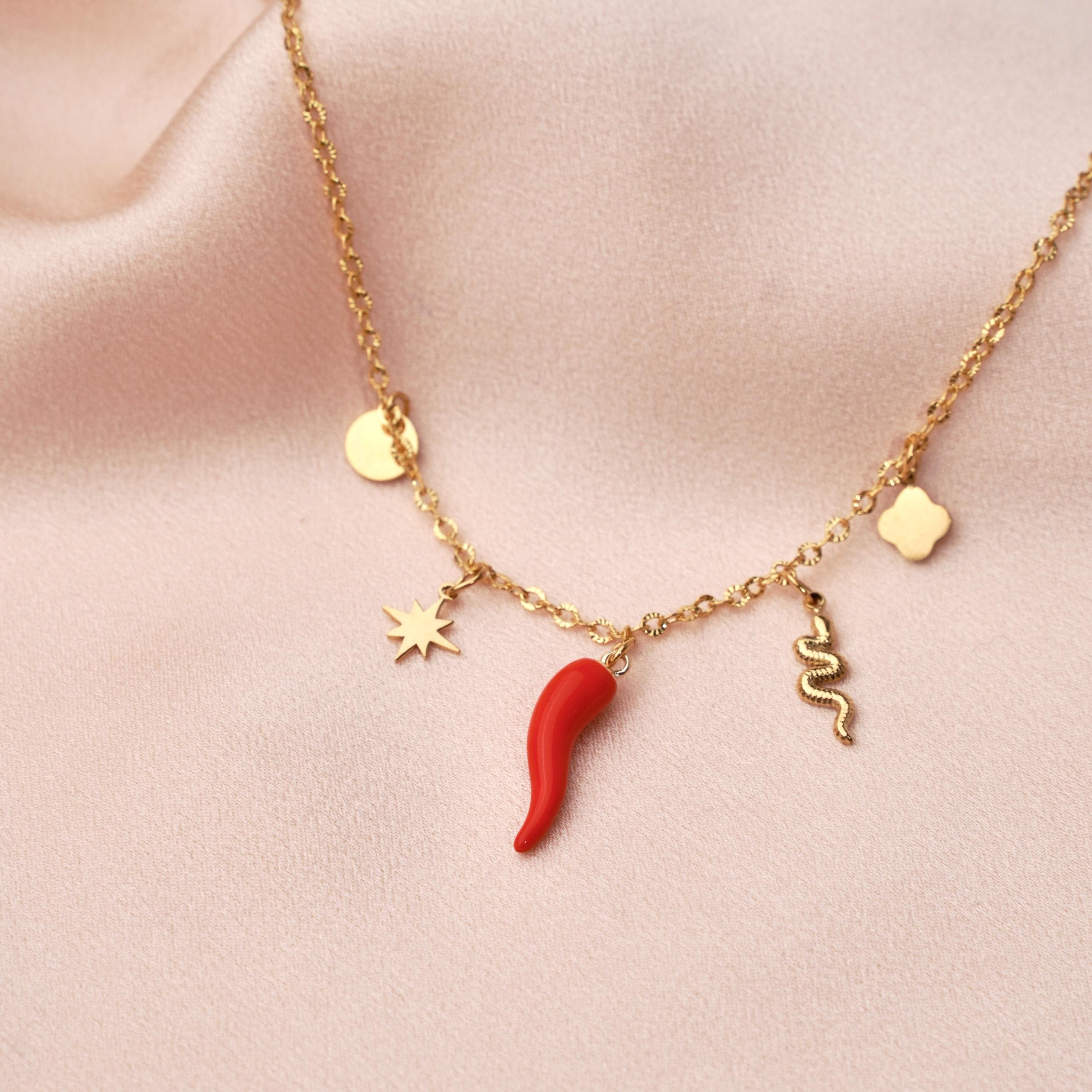 Collier à breloques piment rouge, étoile, rond, trèfle / Collier pendentifs en acier inoxydable
