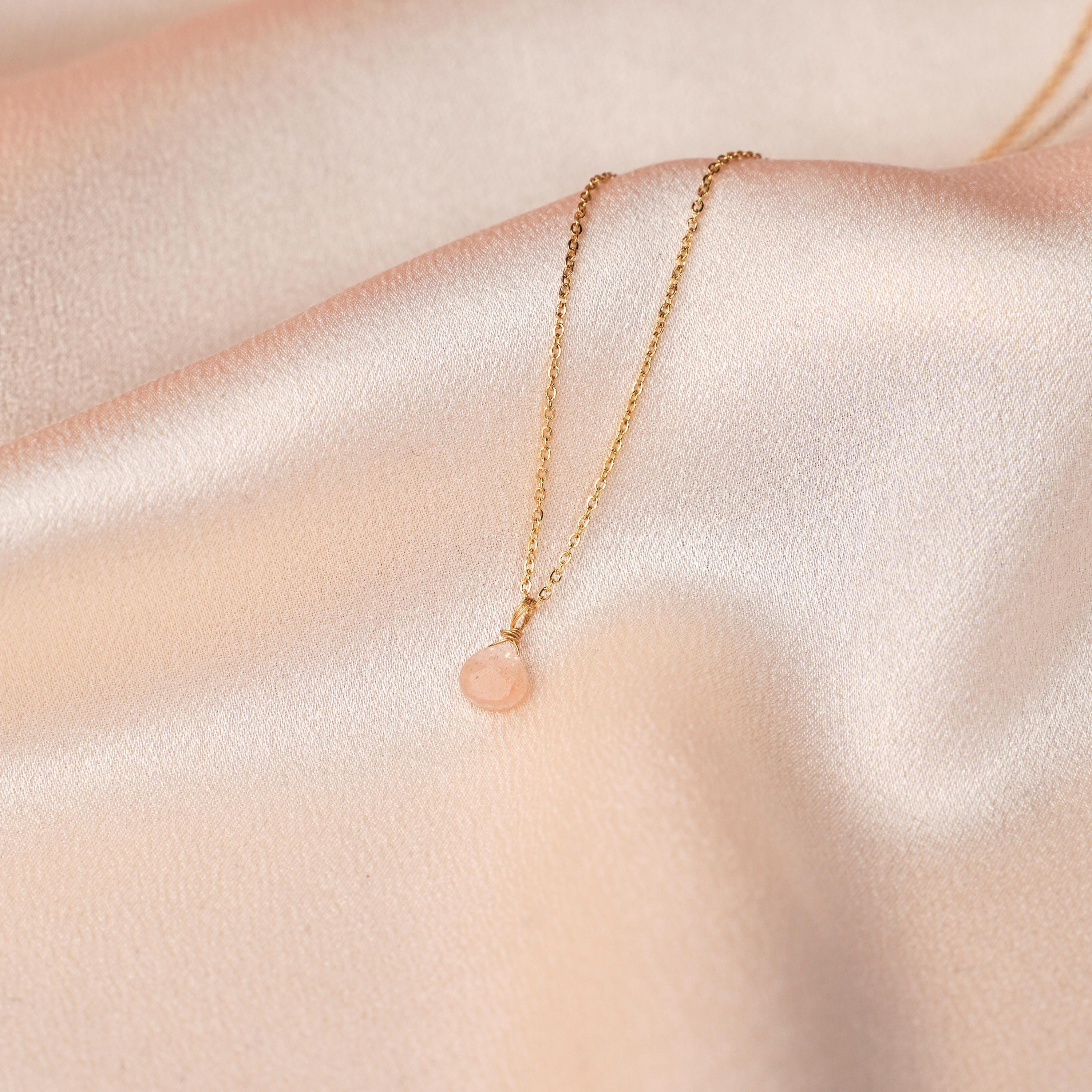 Collier fin chaine acier inoxydable pendentif pierre Quartz rose / Collier femme minimaliste chaine fine pierre naturelle goutte