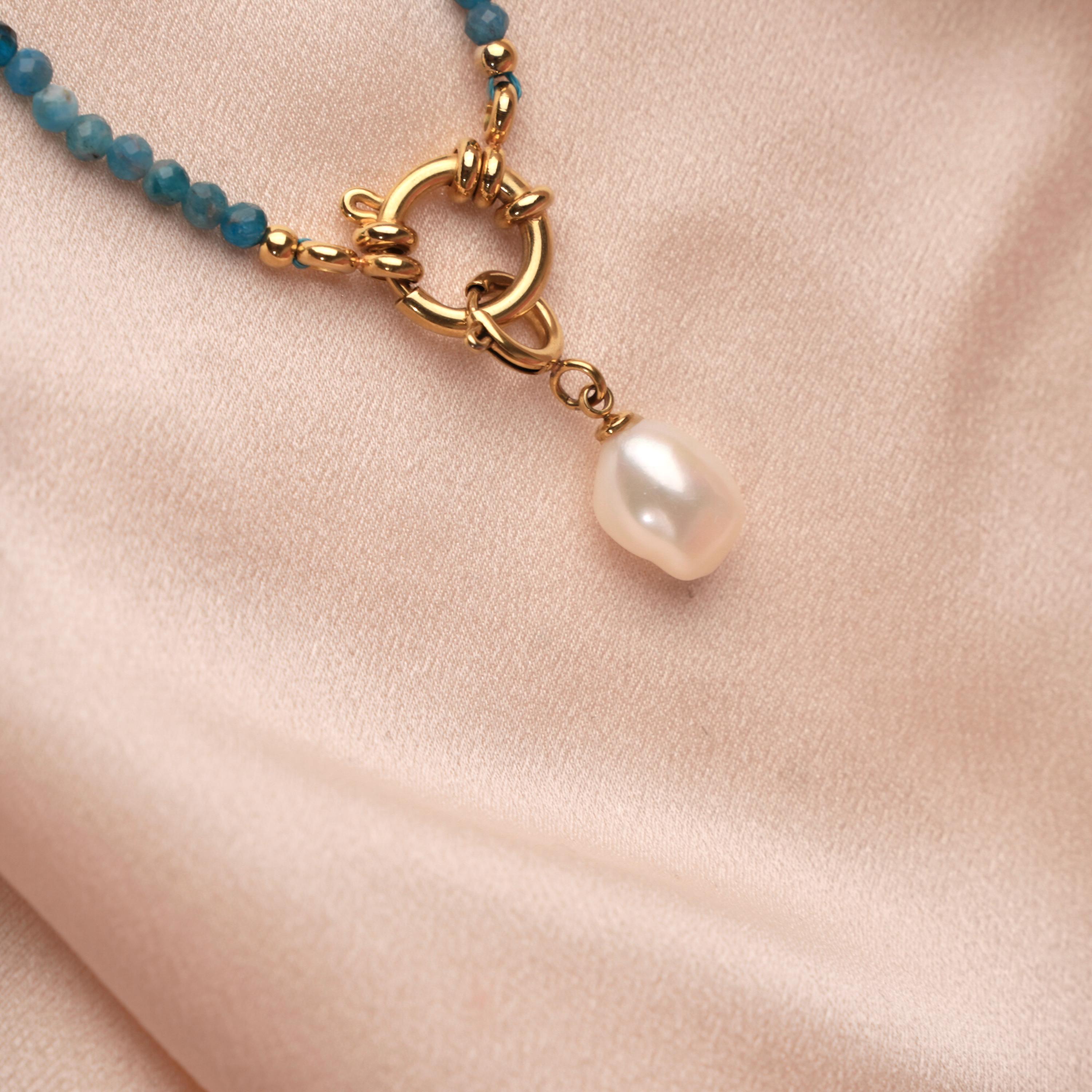 Collier pierre naturelle apatite bleu acier inoxydable / Collier femme perles pendentif nacre