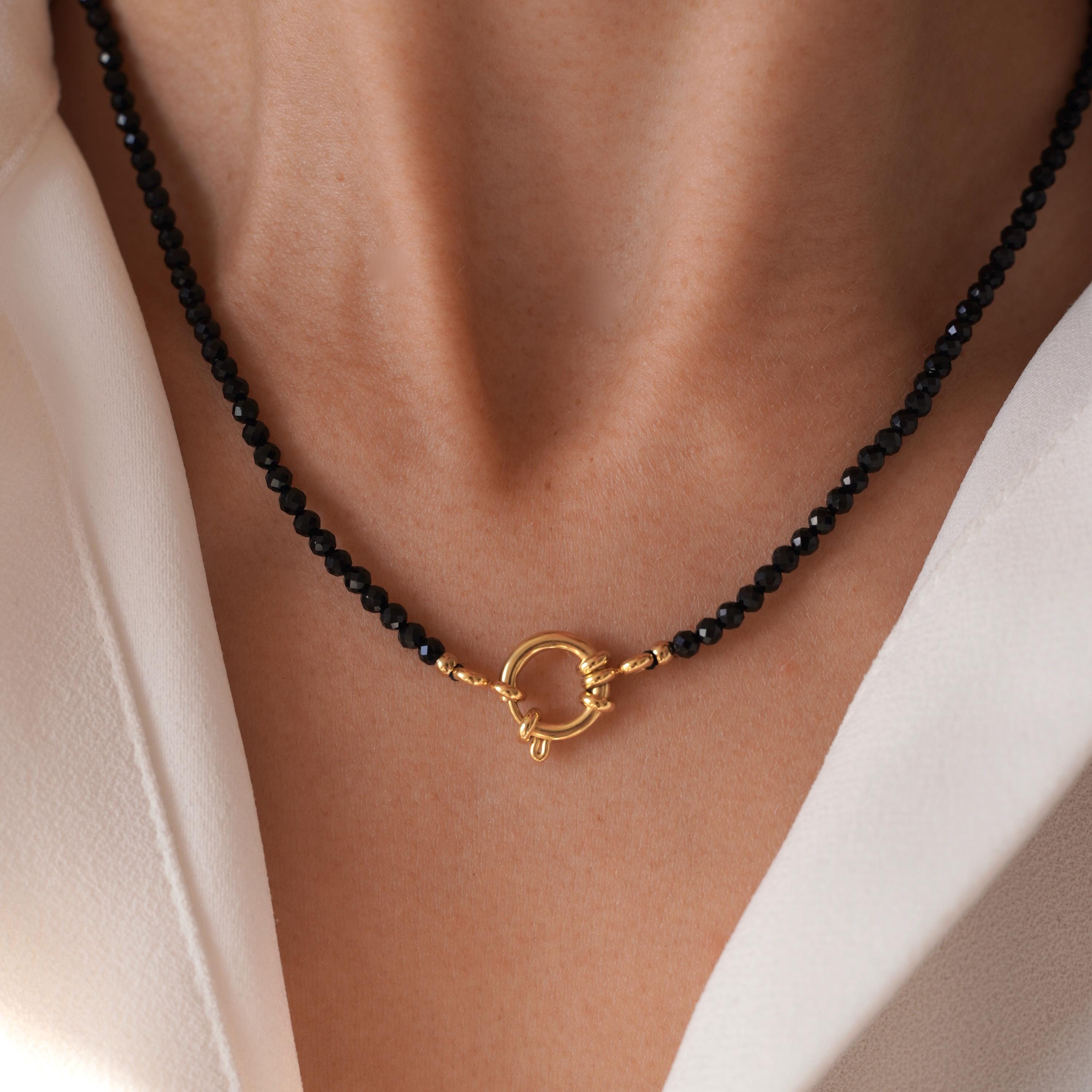 Collier pierre naturelle onyx noir acier inoxydable / Collier femme perles noires