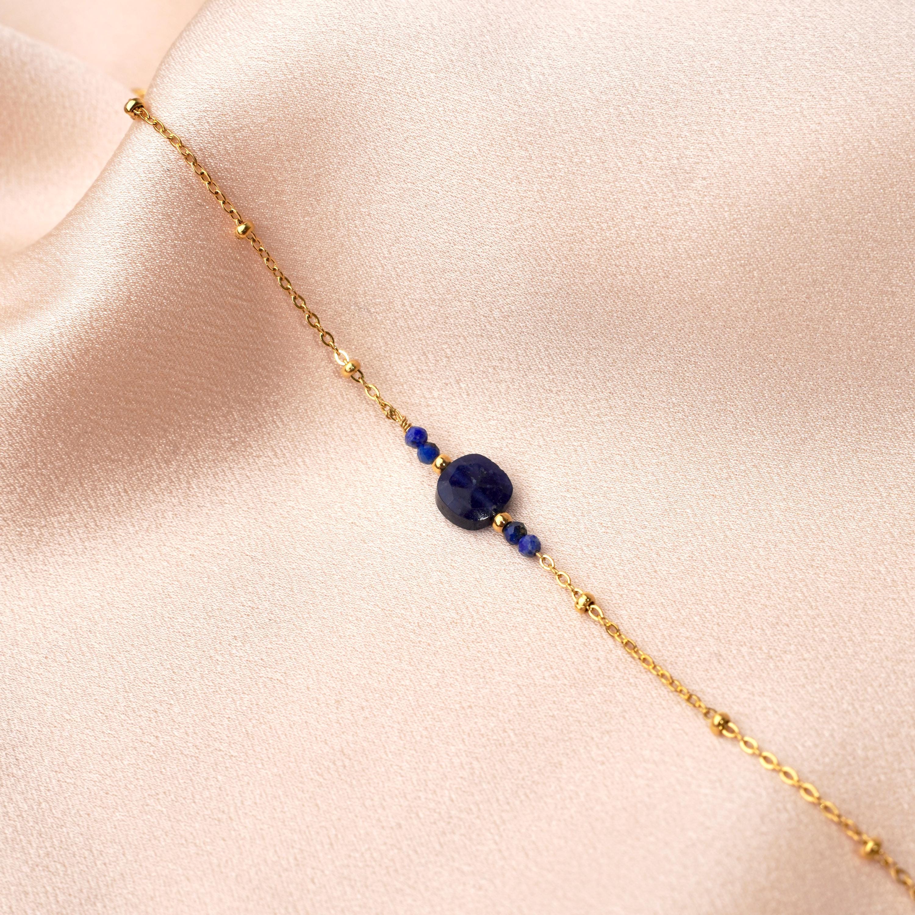 Bracelet acier inoxydable pierre naturelle lapis lazuli / Bracelet chaine fine perle carré bleu