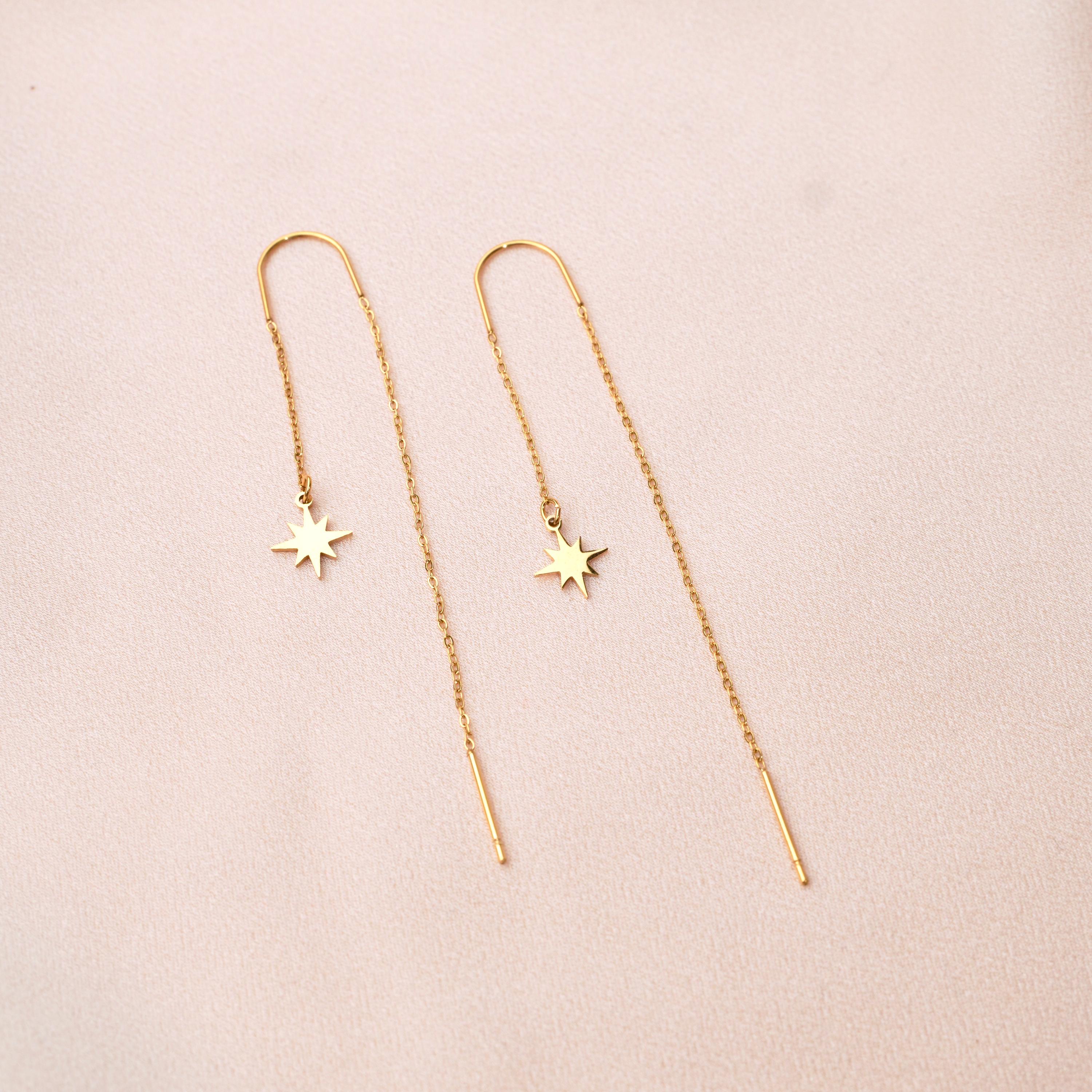 Boucles d'oreilles pendantes des deux cotés pendentif étoile / Boucles d'oreille chaine traversante acier inoxydable