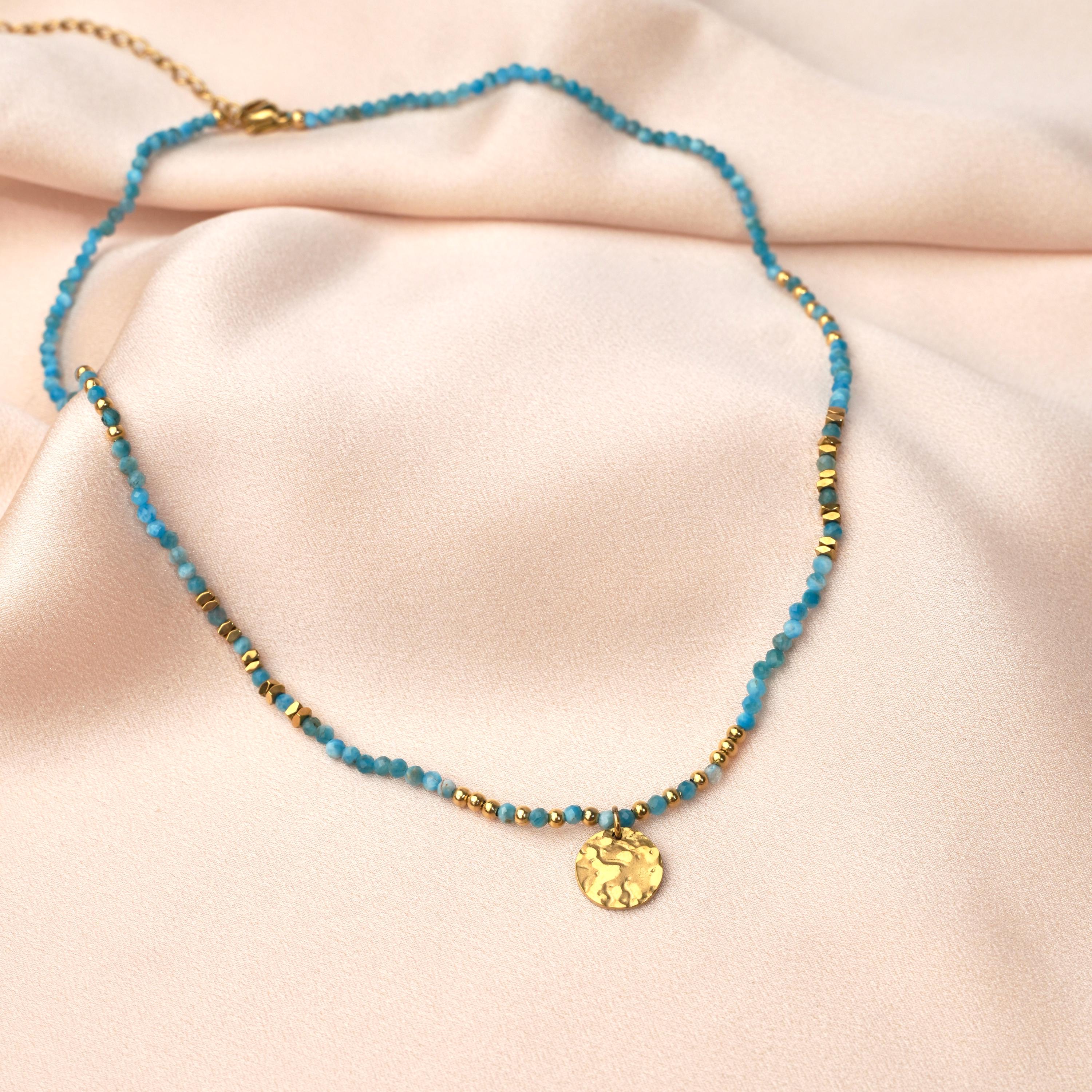 Collier pierre naturelle Apatite / Collier femme perles pendentif rond acier inoxydable