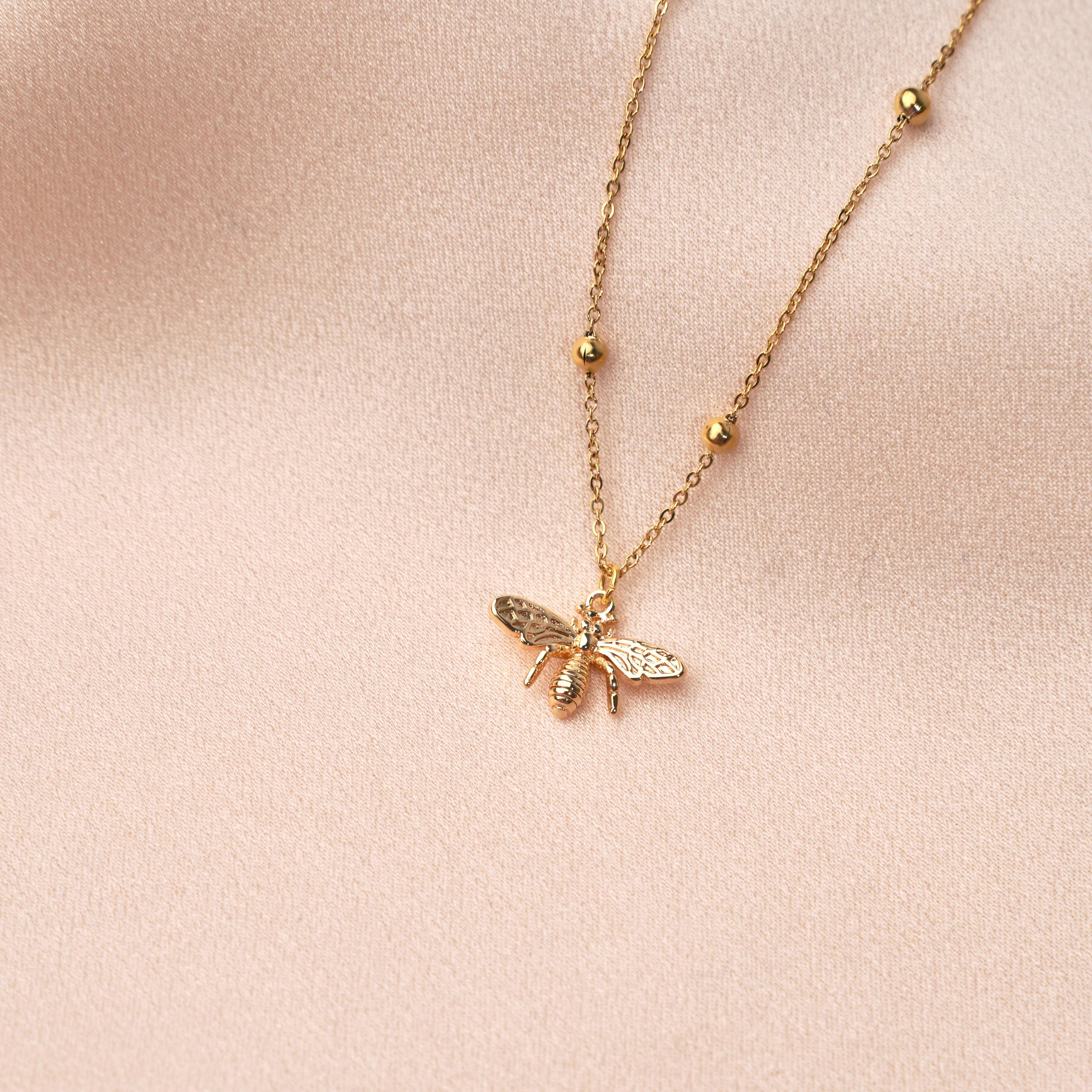 Collier pendentif abeille chaine boule / Collier acier inoxydable femme fin chaine billes