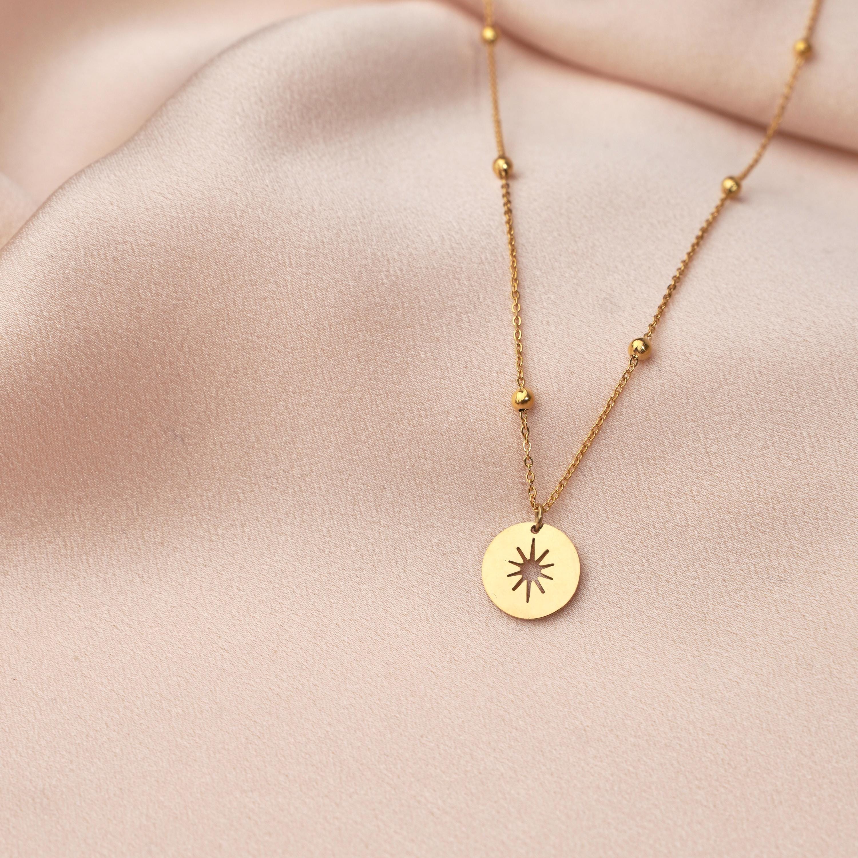 Collier acier inoxydable pendentif rond étoile chaine boule / Collier femme fin chaine billes