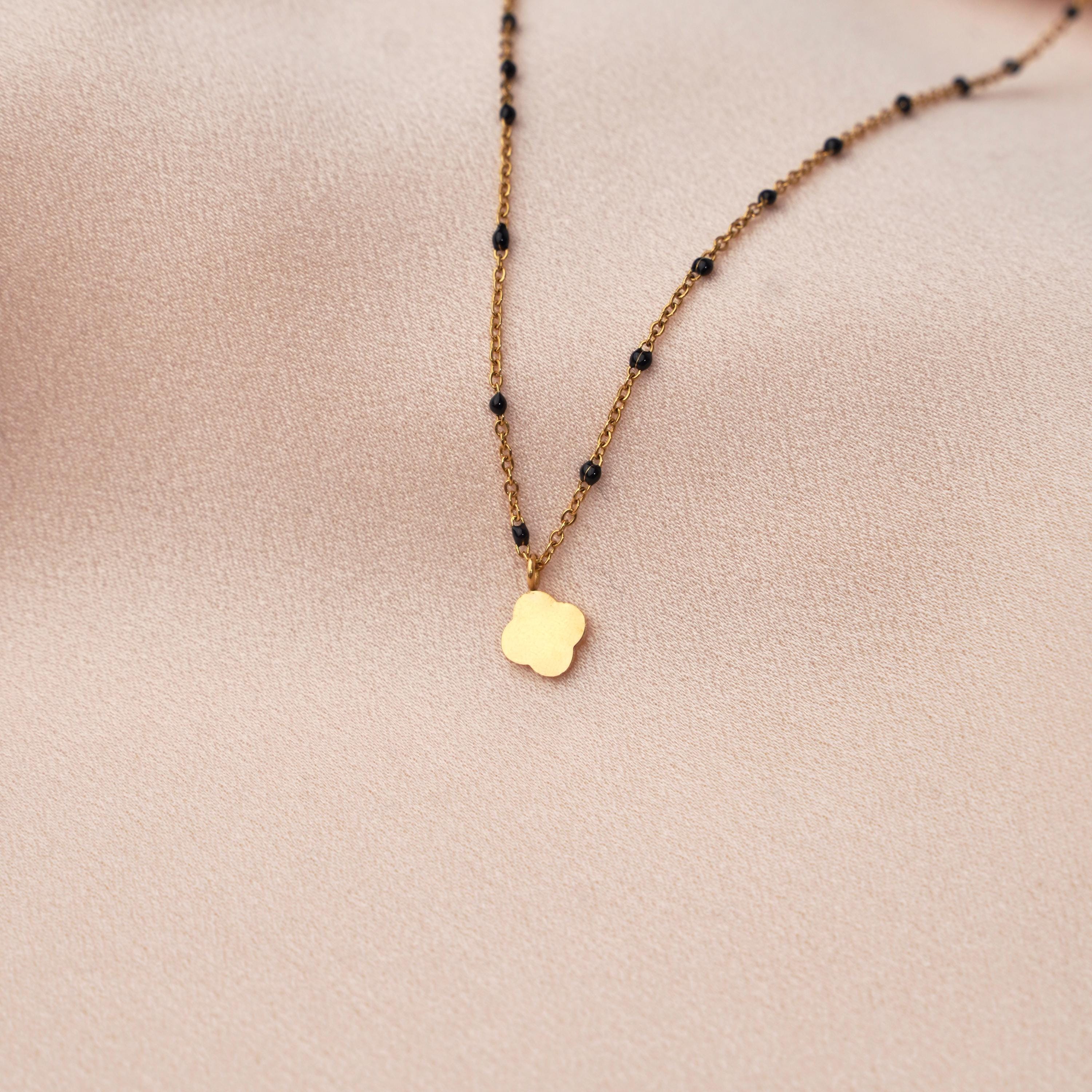 Collier acier inoxydable pendentif trèfle chaine boule / Collier noir femme fin chaine billes