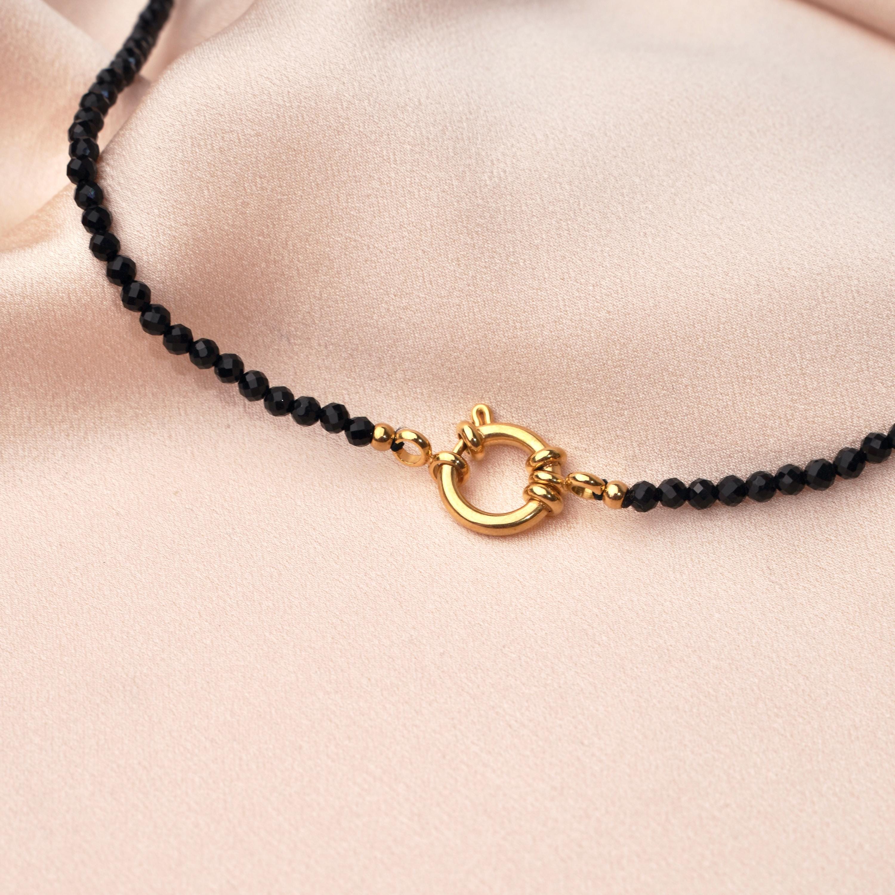Collier pierre naturelle onyx noir acier inoxydable / Collier femme perles noires