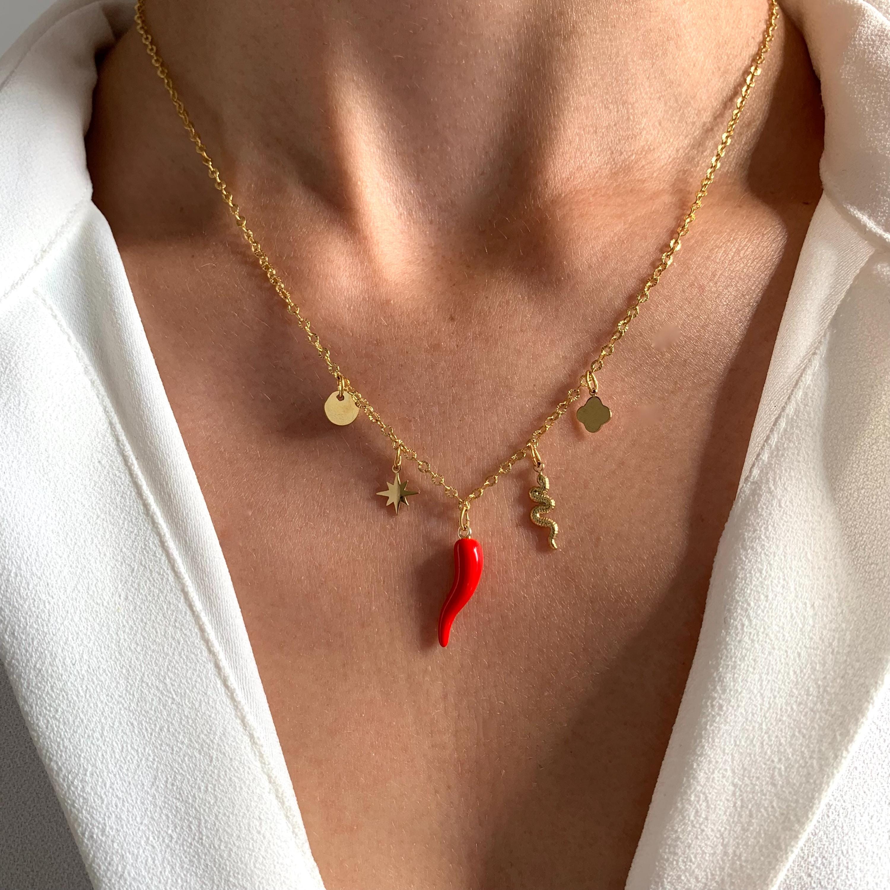 Collier à breloques piment rouge, étoile, rond, trèfle / Collier pendentifs en acier inoxydable