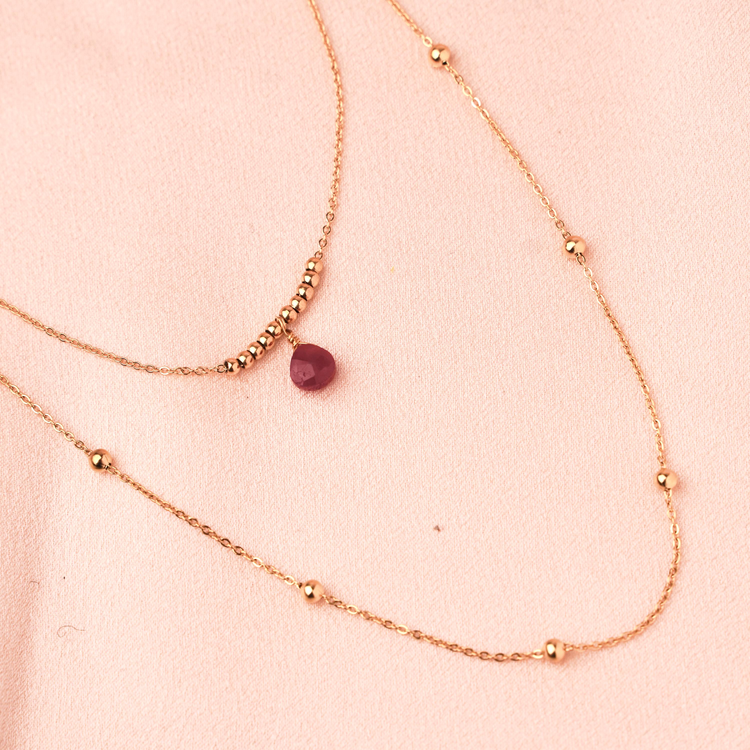 Collier fin double rang pierre naturelle rose fuchsia / Collier femme acier inoxydable chaine à billes acier pendentif goutte