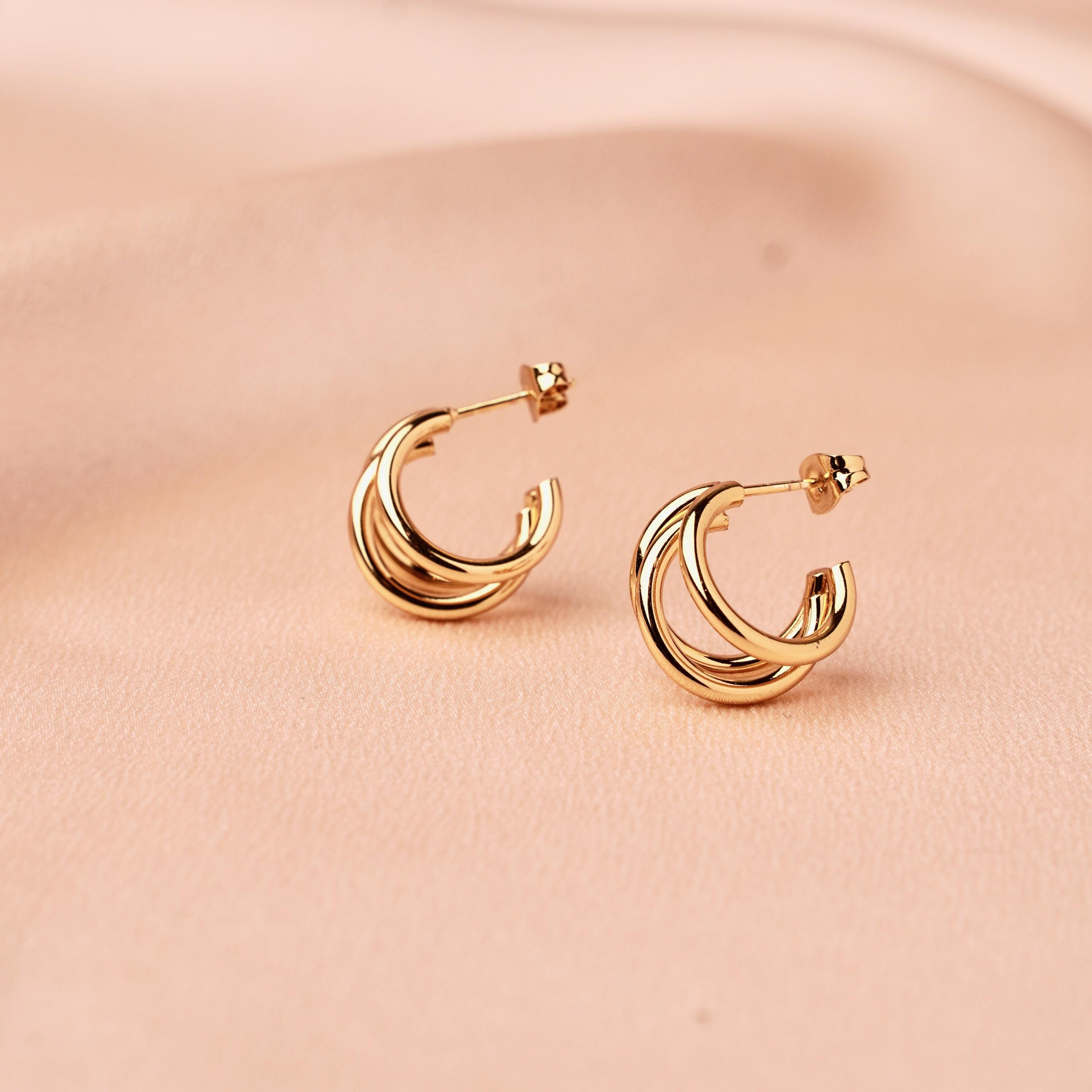 Boucles d'oreilles acier inoxydable trois anneaux / Boucles d'oreilles anneaux triples créoles