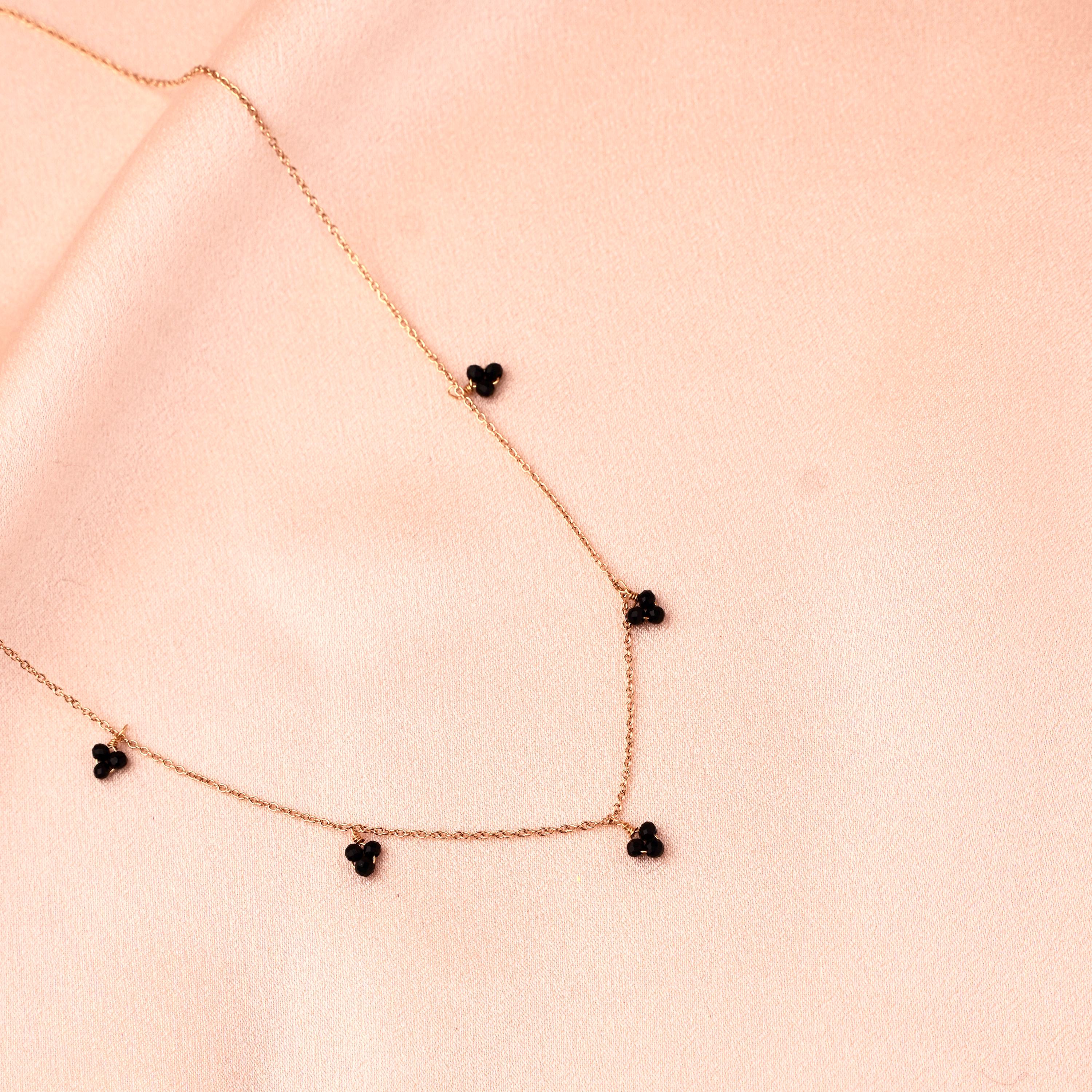 Collier femme pendentif perles noires / Collier acier inoxydable pierre naturelle onyx
