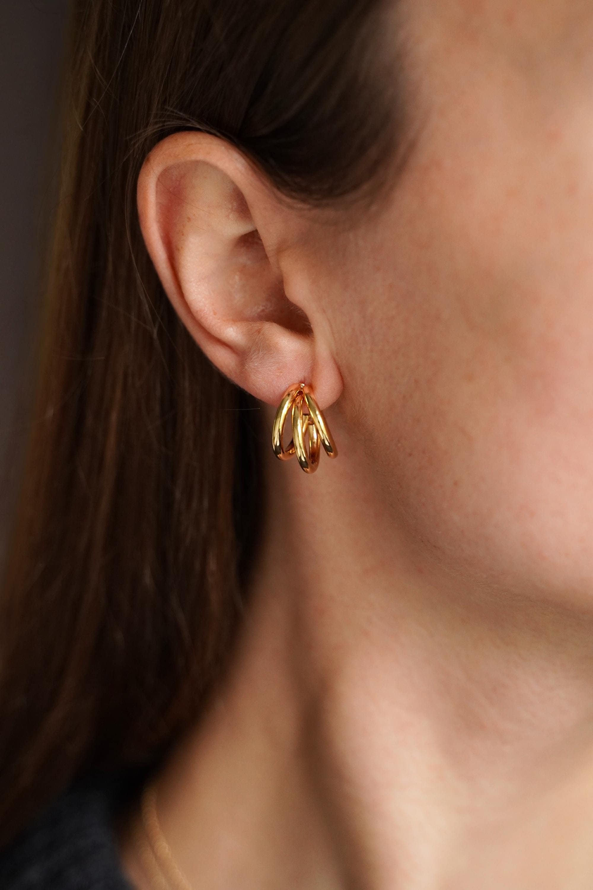 Boucles d'oreilles acier inoxydable trois anneaux / Boucles d'oreilles anneaux triples créoles