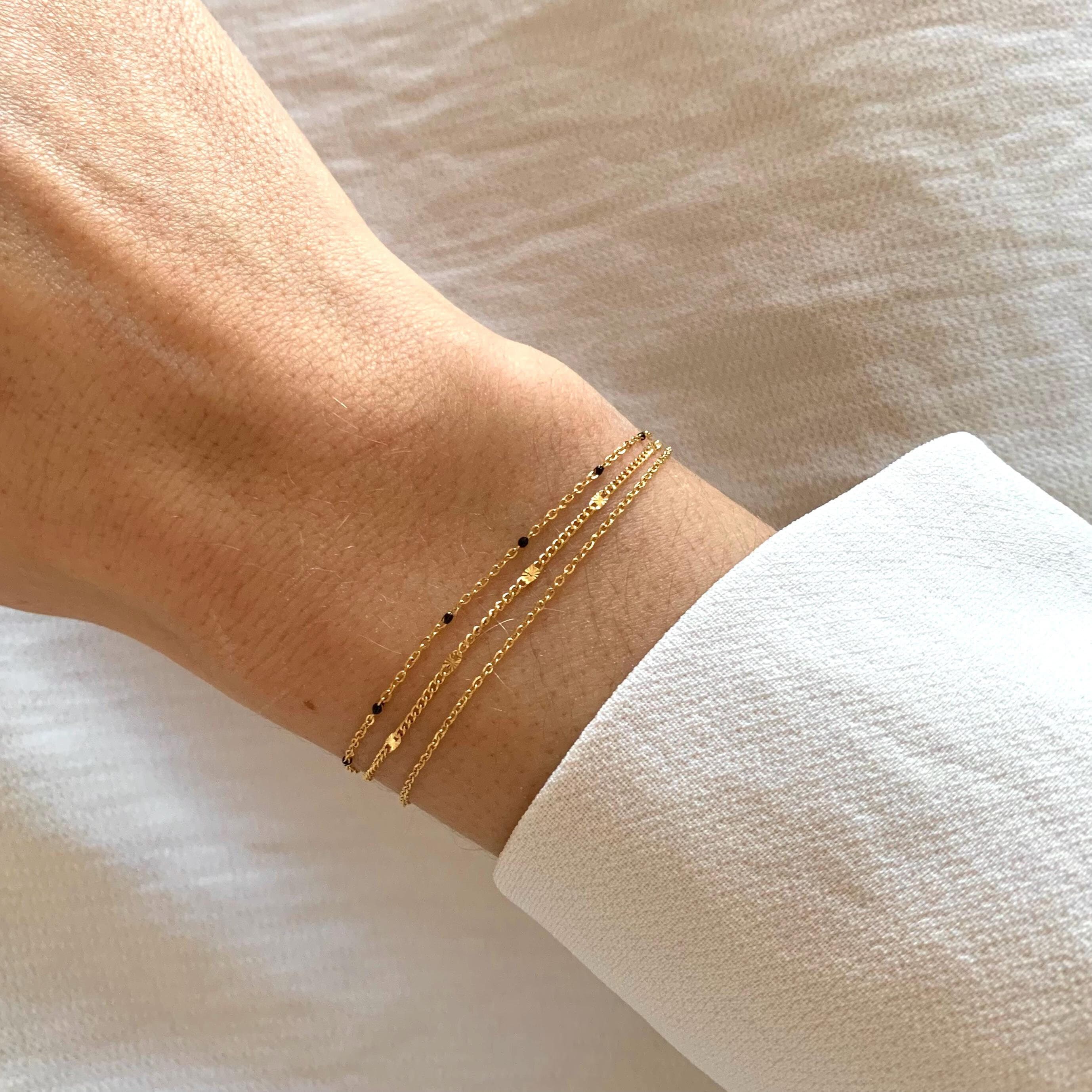 Bracelet femme acier inoxydable triple rang chaine fine points noirs