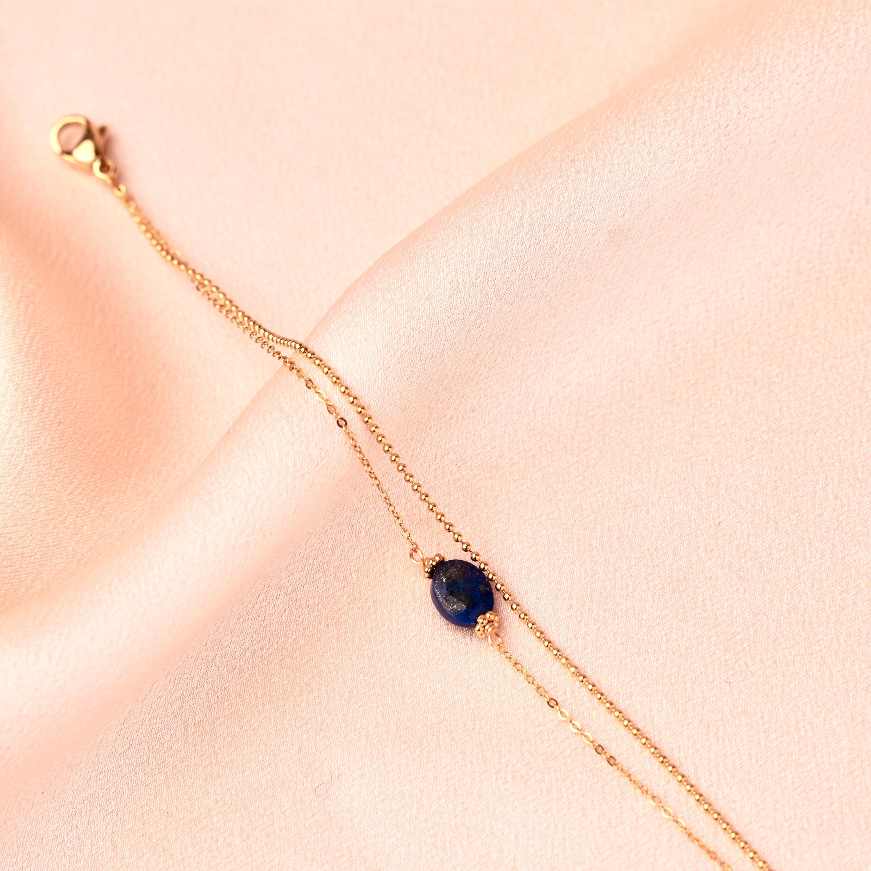 Bracelet femme acier inoxydable double rang chaine fine pierre naturelle lapis lazuli