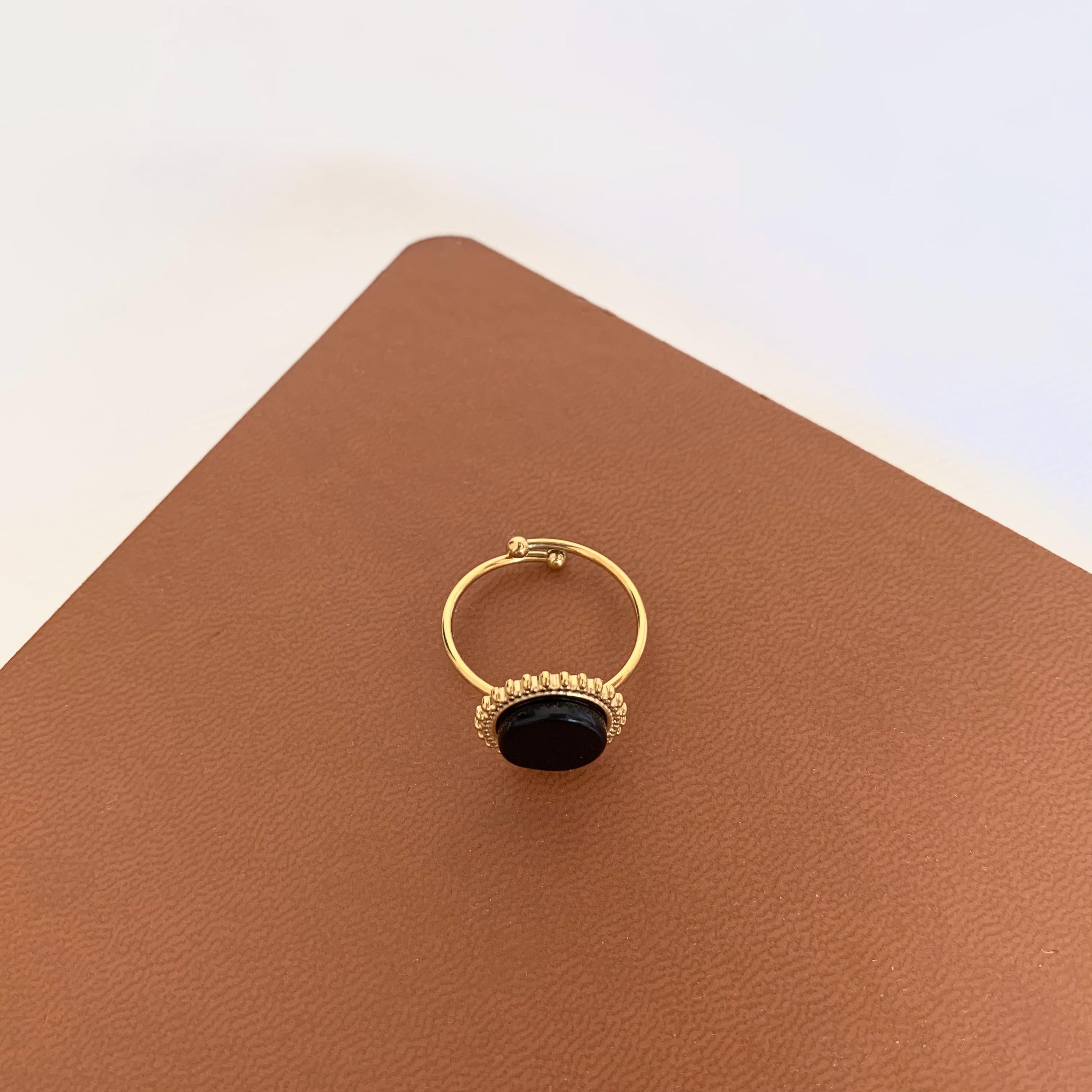 Bague femme acier inoxydable pierre noire / Bague soleil réglable / Bague pierre ronde ajustable