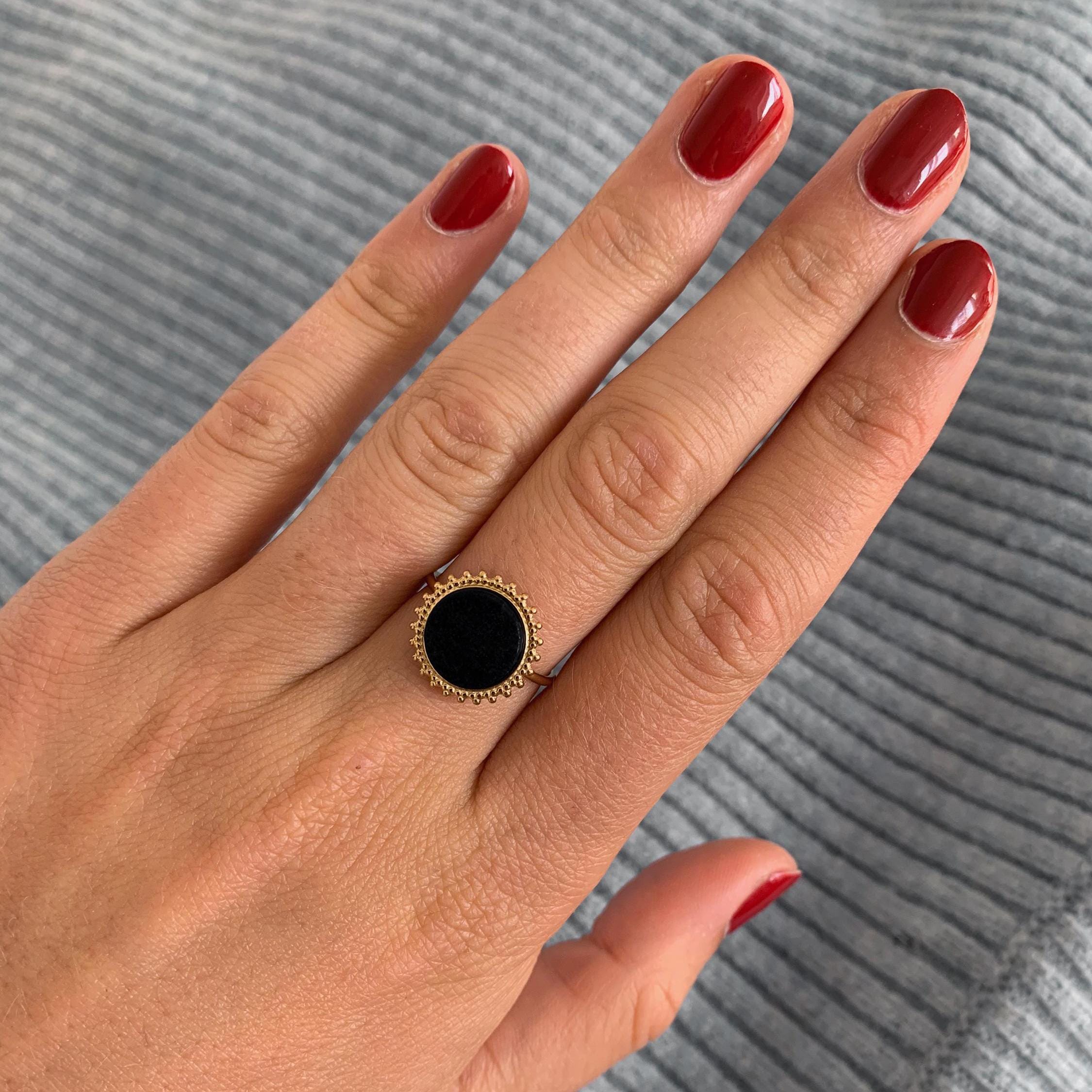 Bague femme acier inoxydable pierre noire / Bague soleil réglable / Bague pierre ronde ajustable