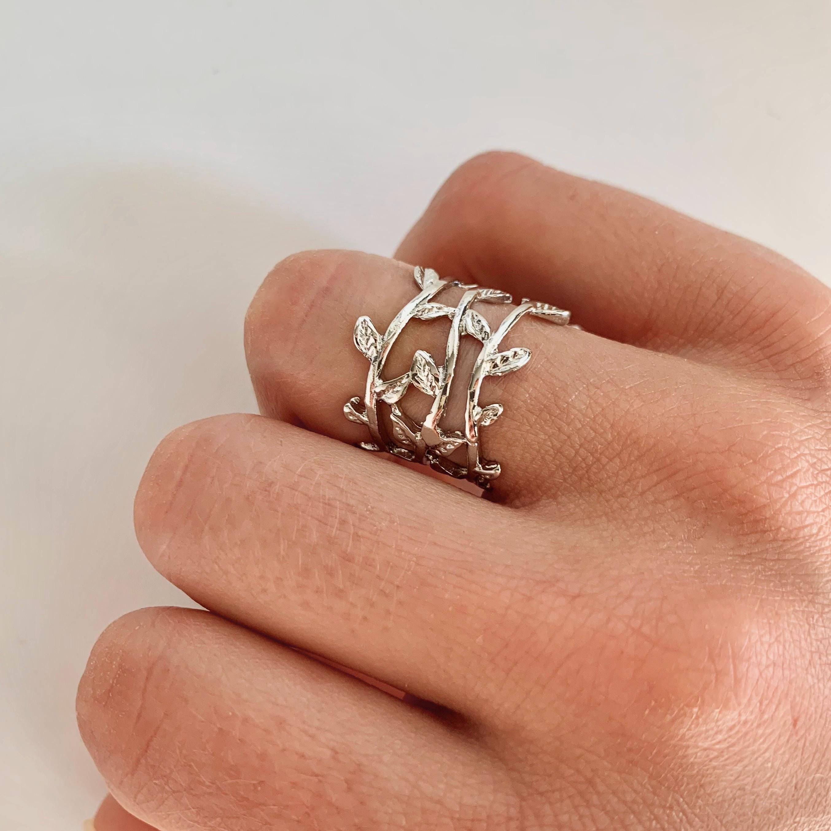 Bague femme feuilles plaqué argent réglable