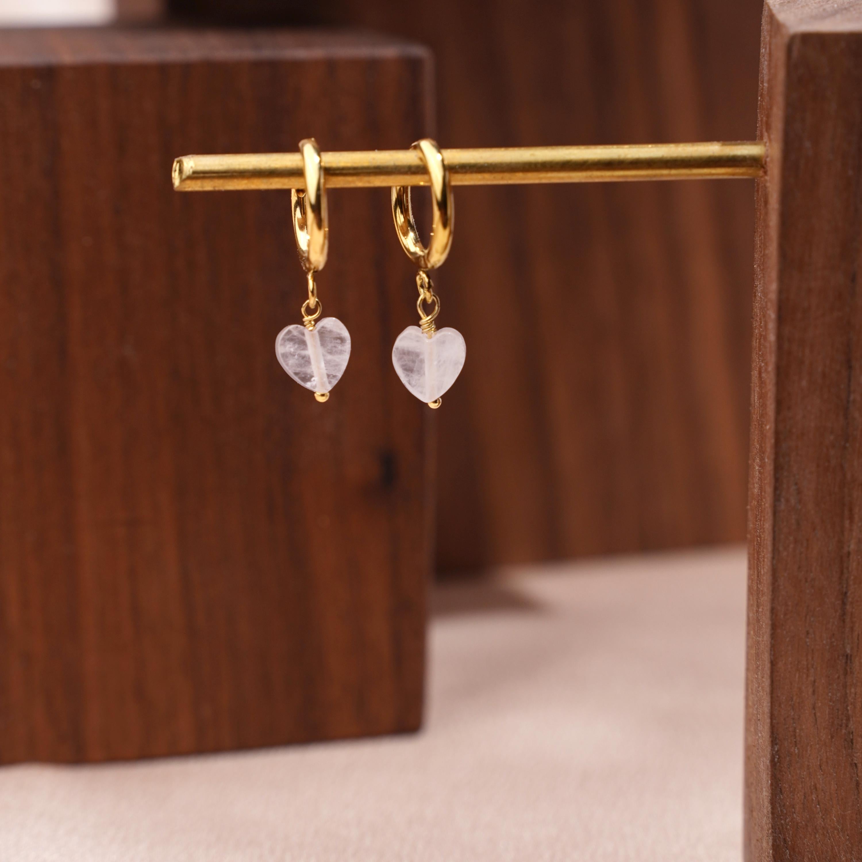 Boucles d'oreilles coeur en quartz rose / Mini créoles pendantes en acier inoxydable et pierre naturelle