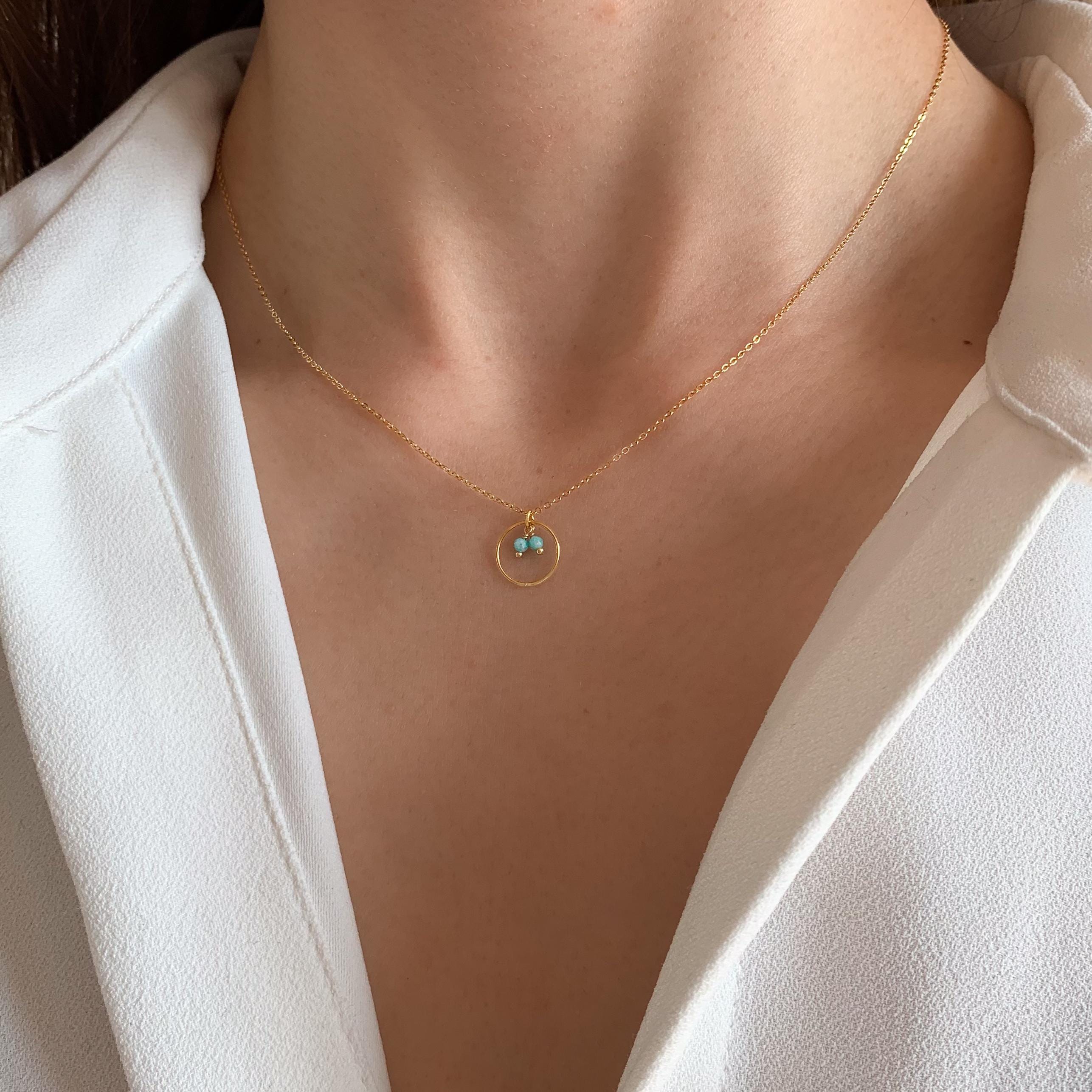 Collier acier inoxydable pendentif cercle perles bleues / Collier femme bleu turquoise