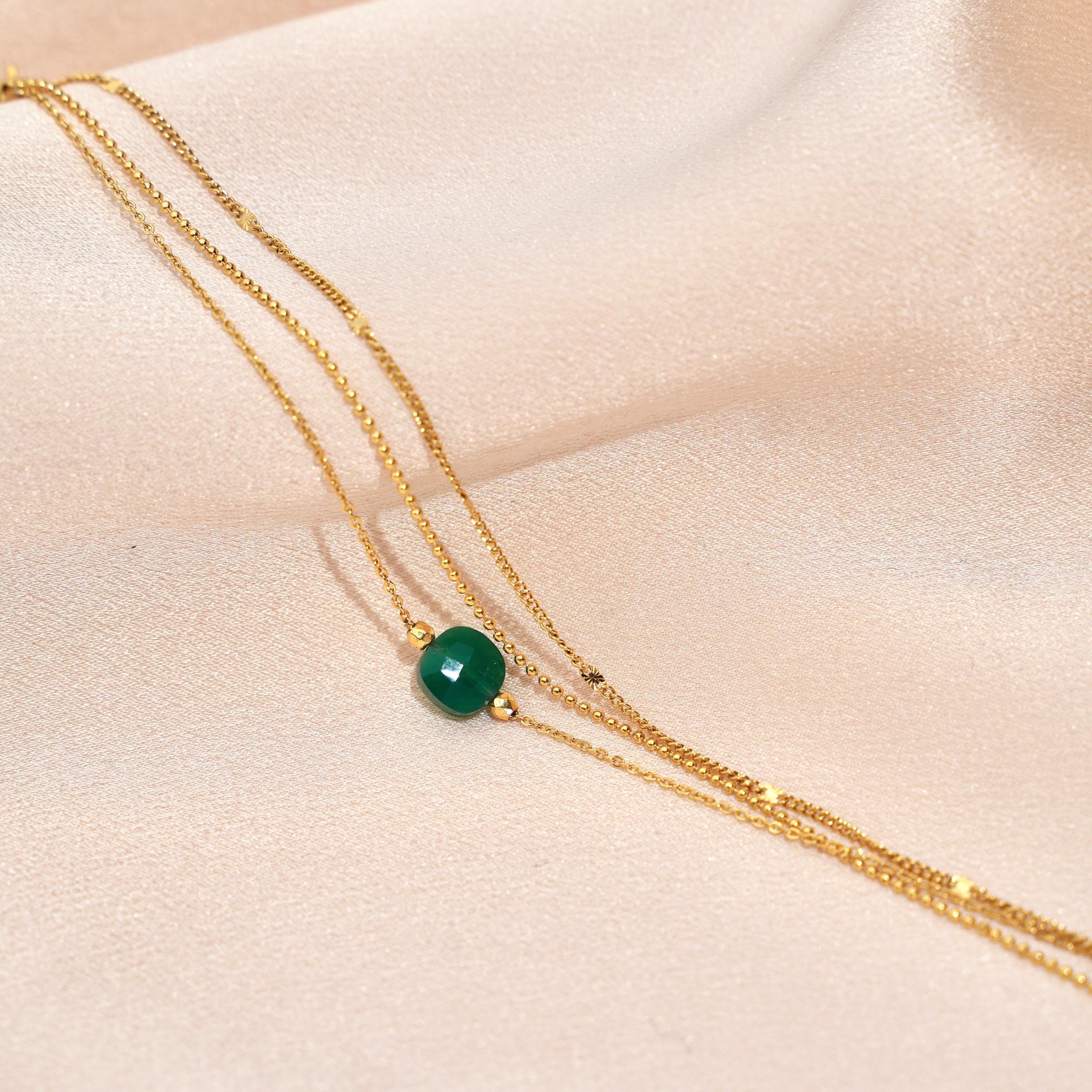 Bracelet femme acier inoxydable triple rang chaine fine pierre cristal vert