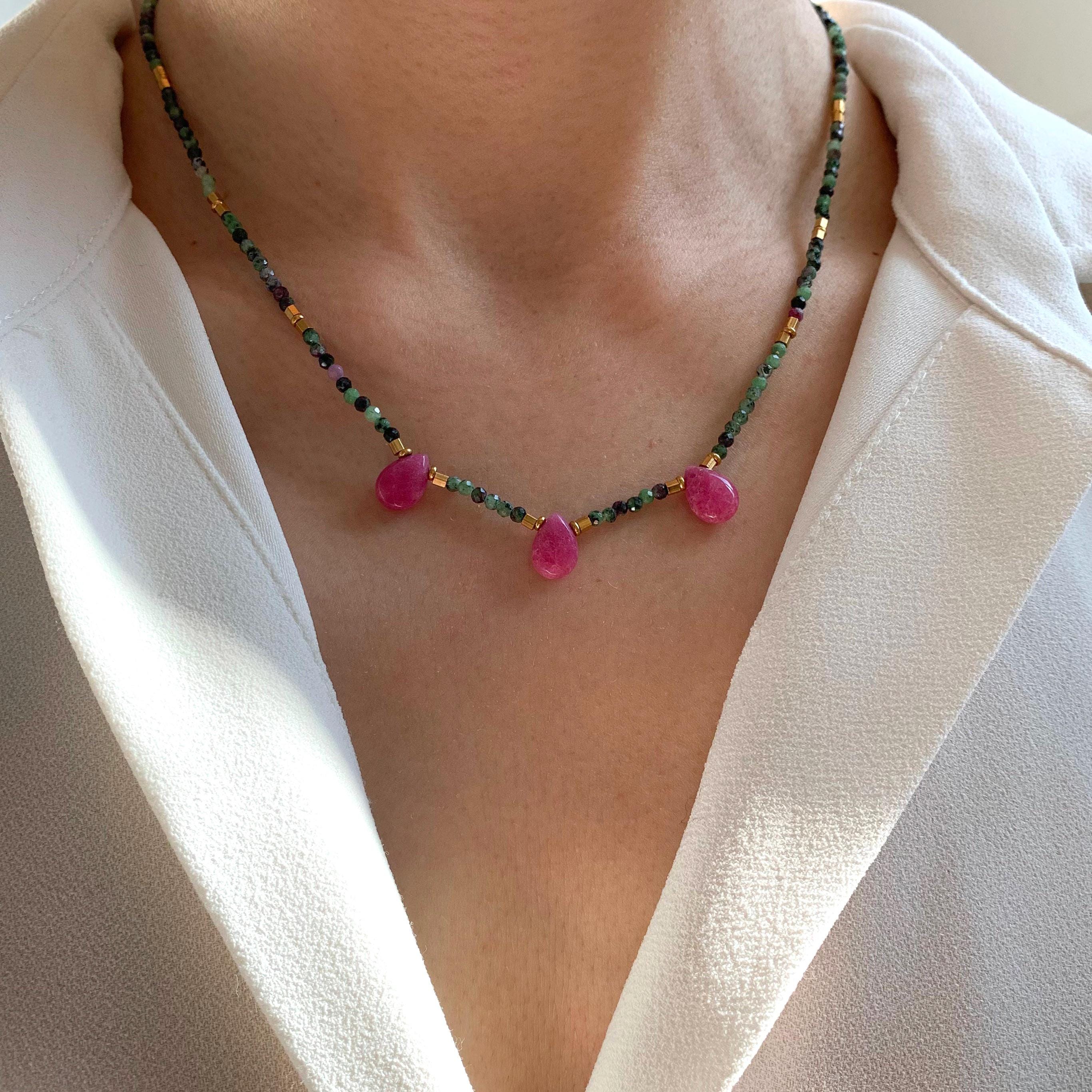 Collier pierre naturelle Rubis zoisite / Collier femme perles vertes et rose, pierre en forme de goutte