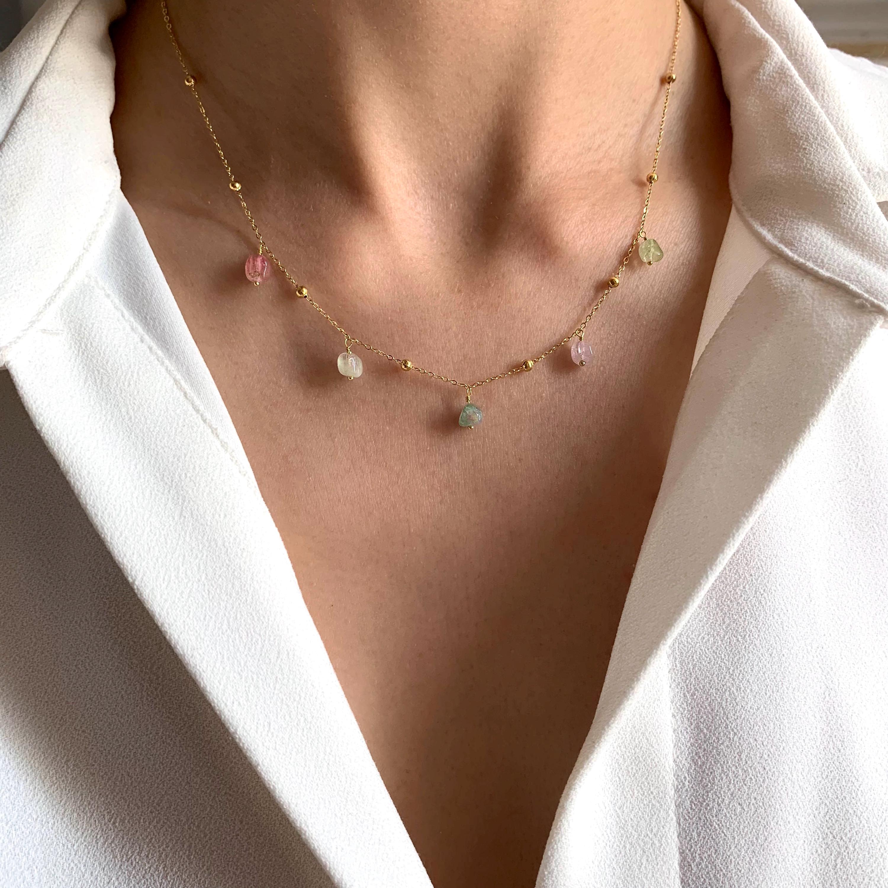 Collier acier inoxydable chaine billes pendants pierre naturelle tourmaline / Collier femme ras de cou minimaliste