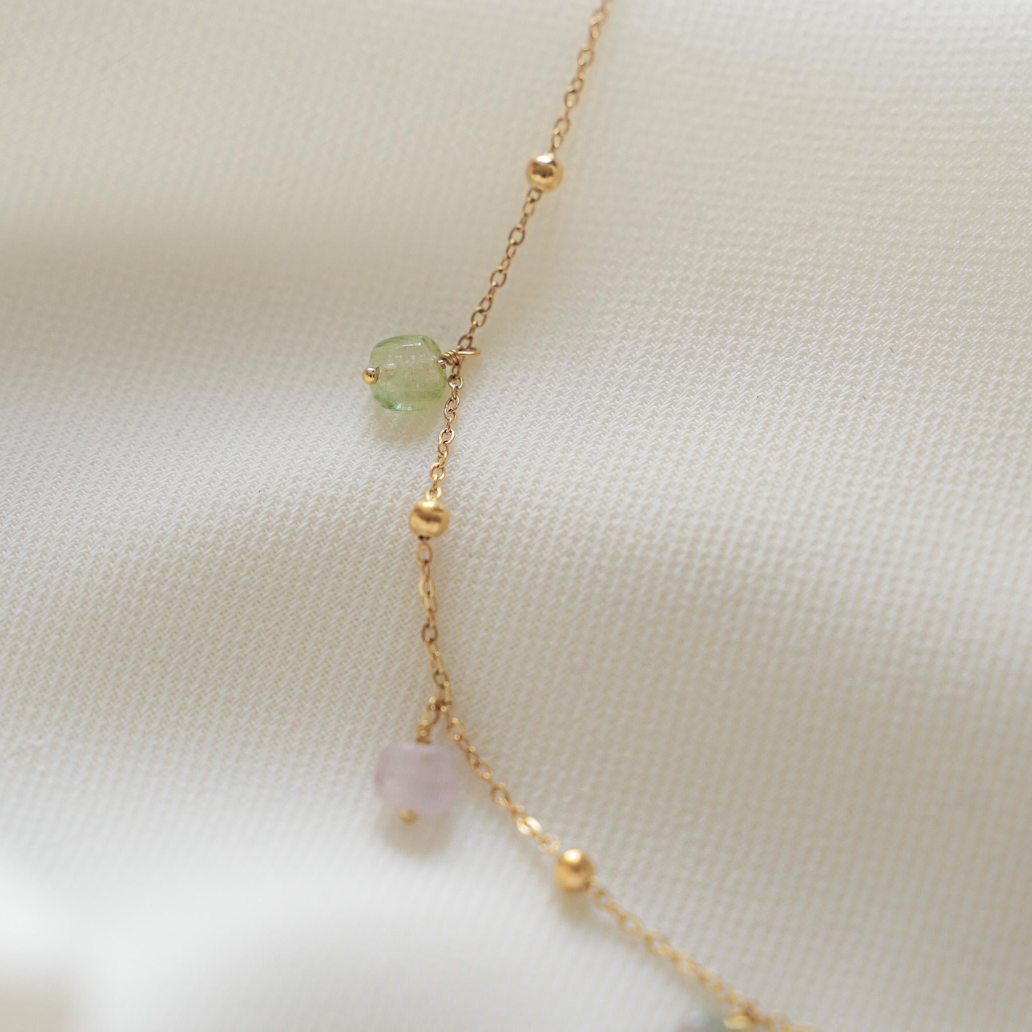 Collier acier inoxydable chaine billes pendants pierre naturelle tourmaline / Collier femme ras de cou minimaliste