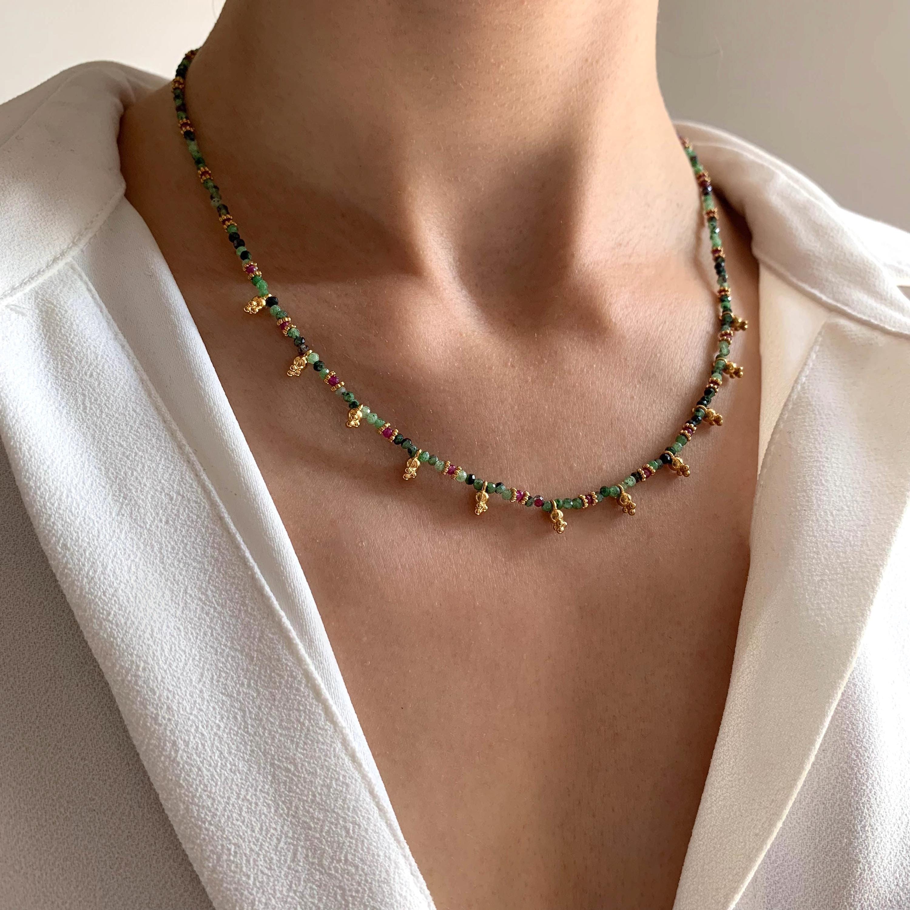 Collier pierre naturelle Rubis Zoisite / Collier femme perles vertes
