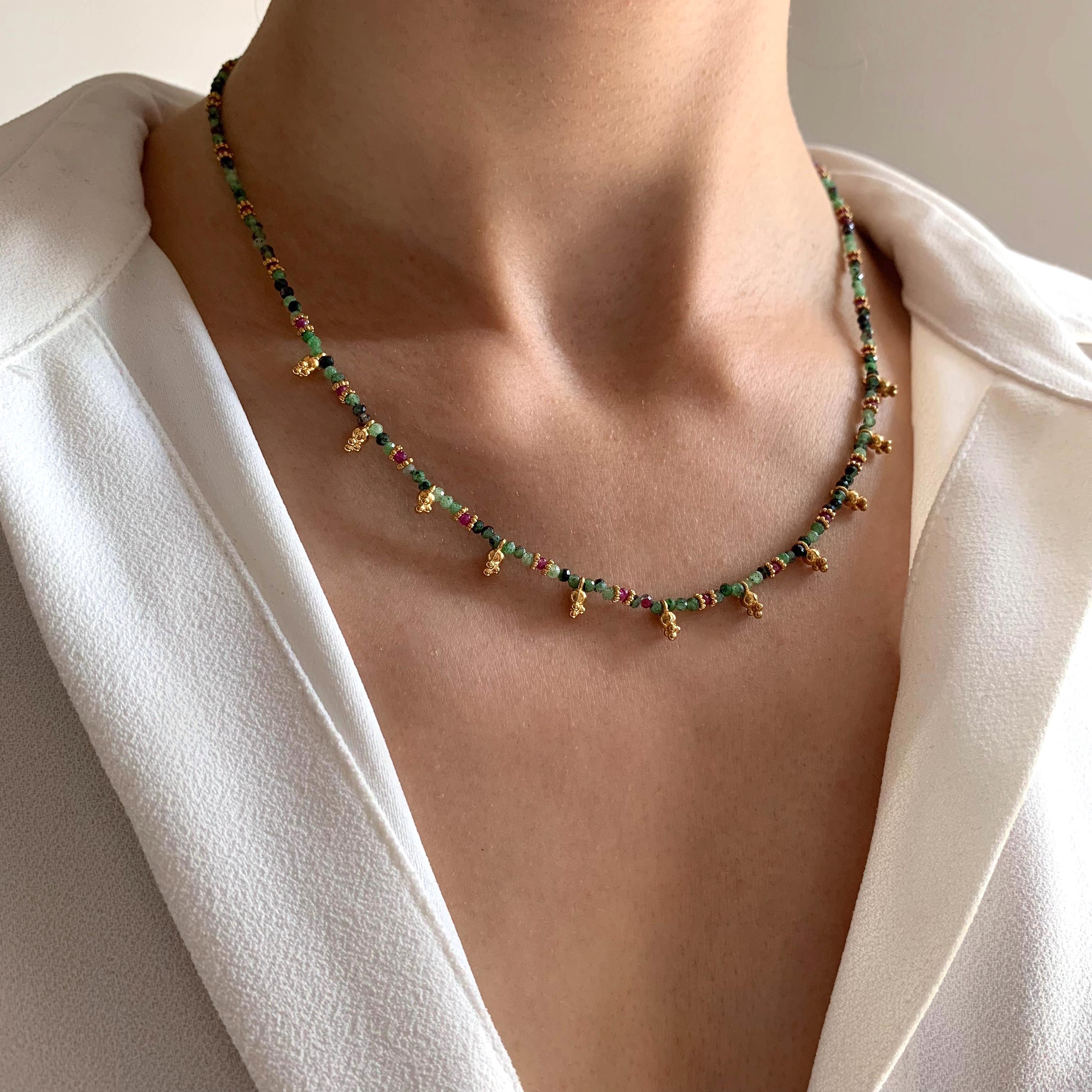 Collier pierre naturelle Rubis Zoisite / Collier femme perles vertes