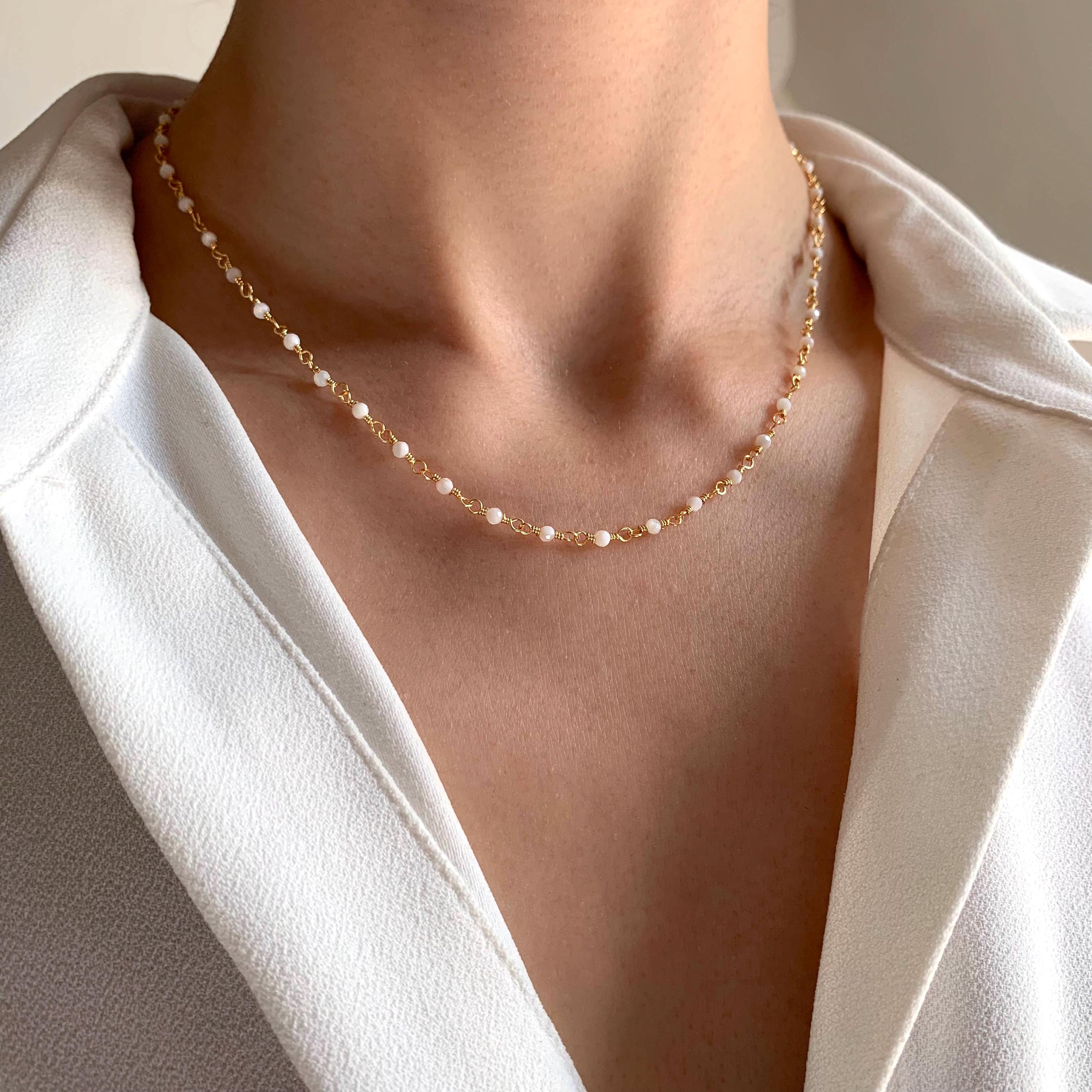 Collier pierre naturelle agate blanche / Collier femme chaine perles acier inoxydable