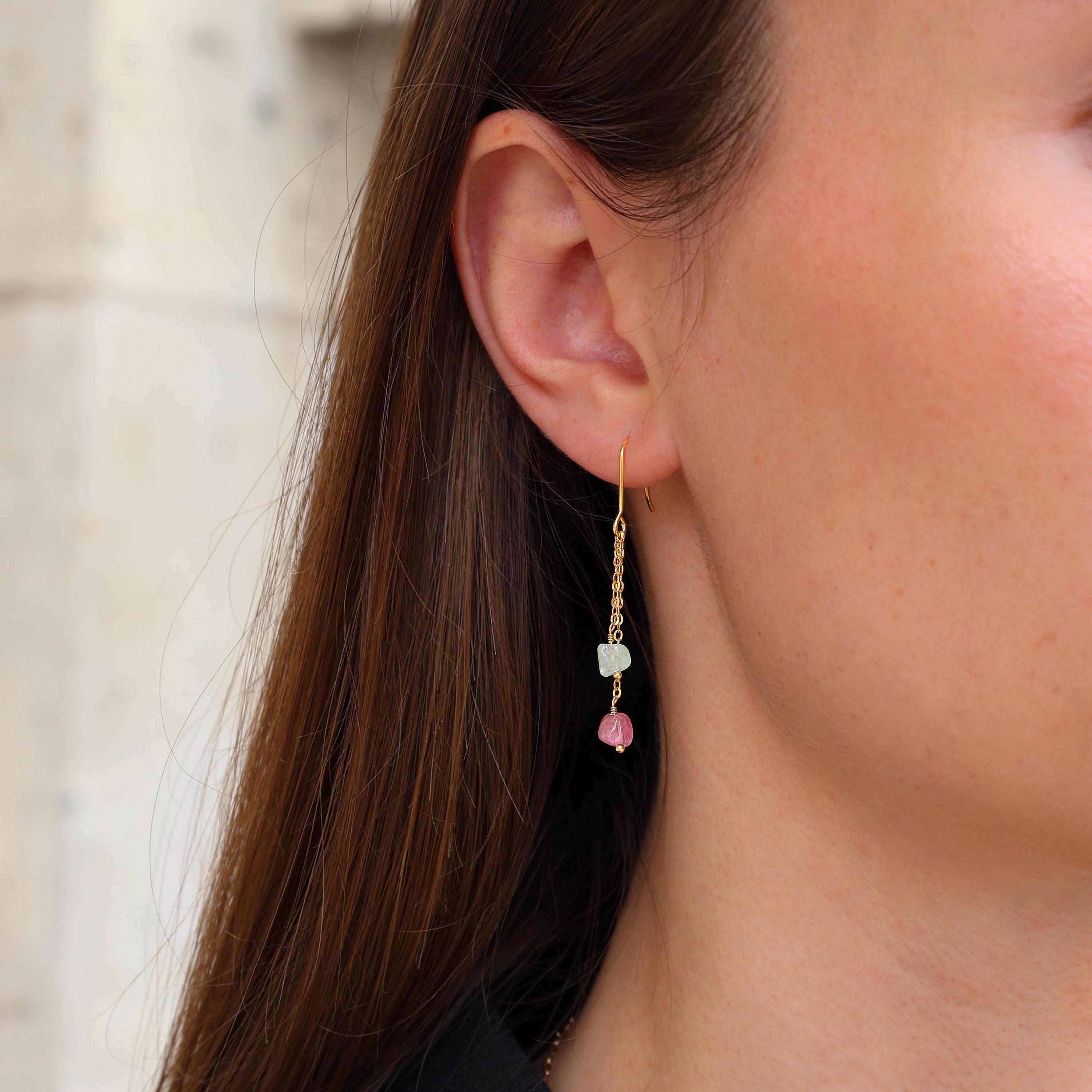 Boucles d'oreilles pendantes chaines pierre tourmaline rose verte / Boucle d'oreille chaine en acier inoxydable