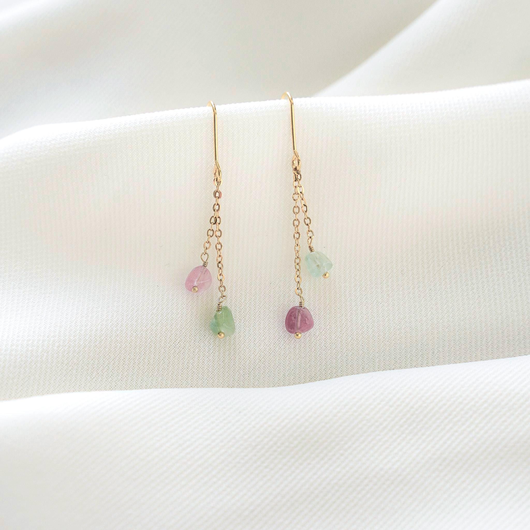 Boucles d'oreilles pendantes chaines pierre tourmaline rose verte / Boucle d'oreille chaine en acier inoxydable