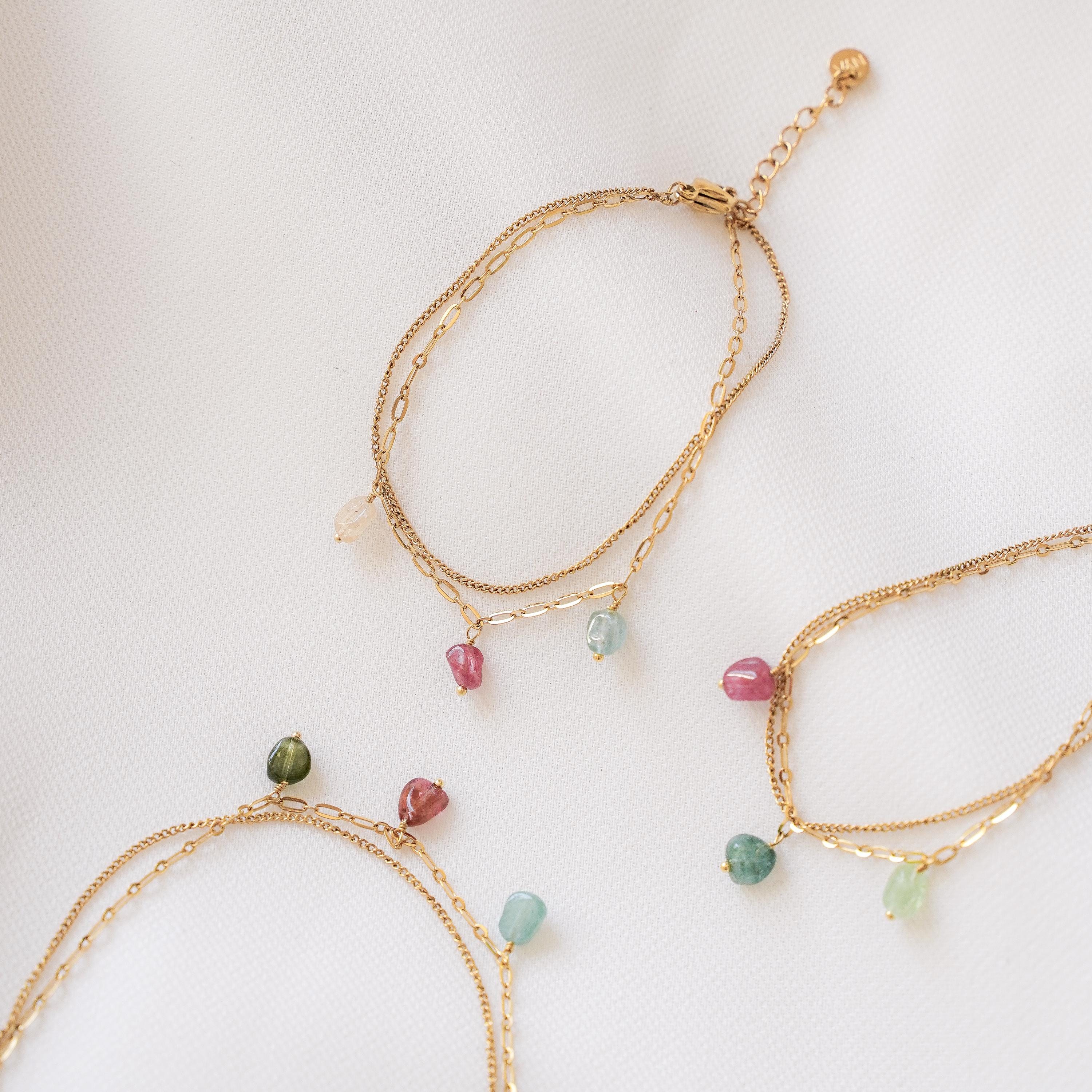 Bracelet double pierre tourmaline rose verte / bracelet femme fin perles roses vertes pendentif