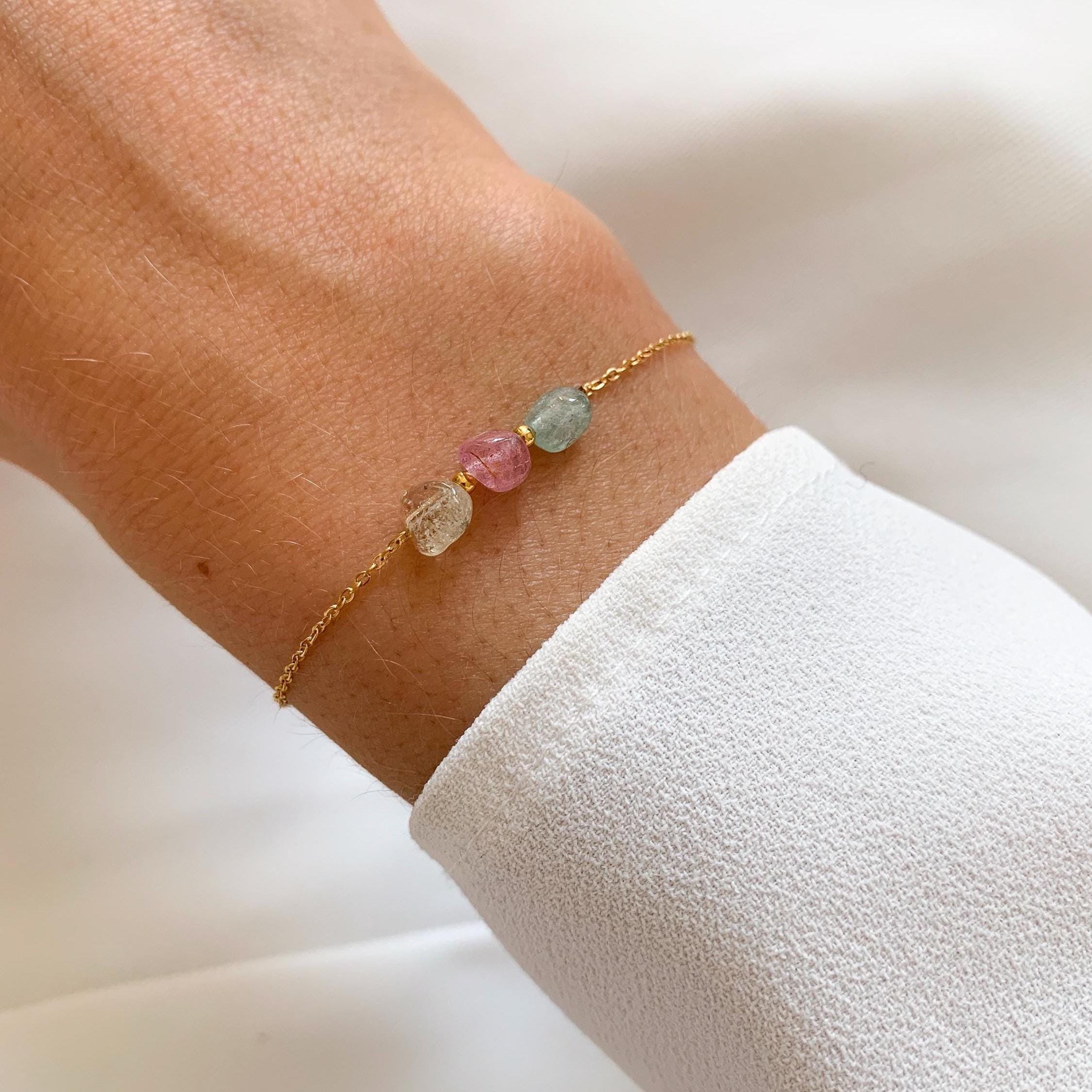 Bracelet fin pierre tourmaline rose verte / bracelet femme perles roses vertes bleu