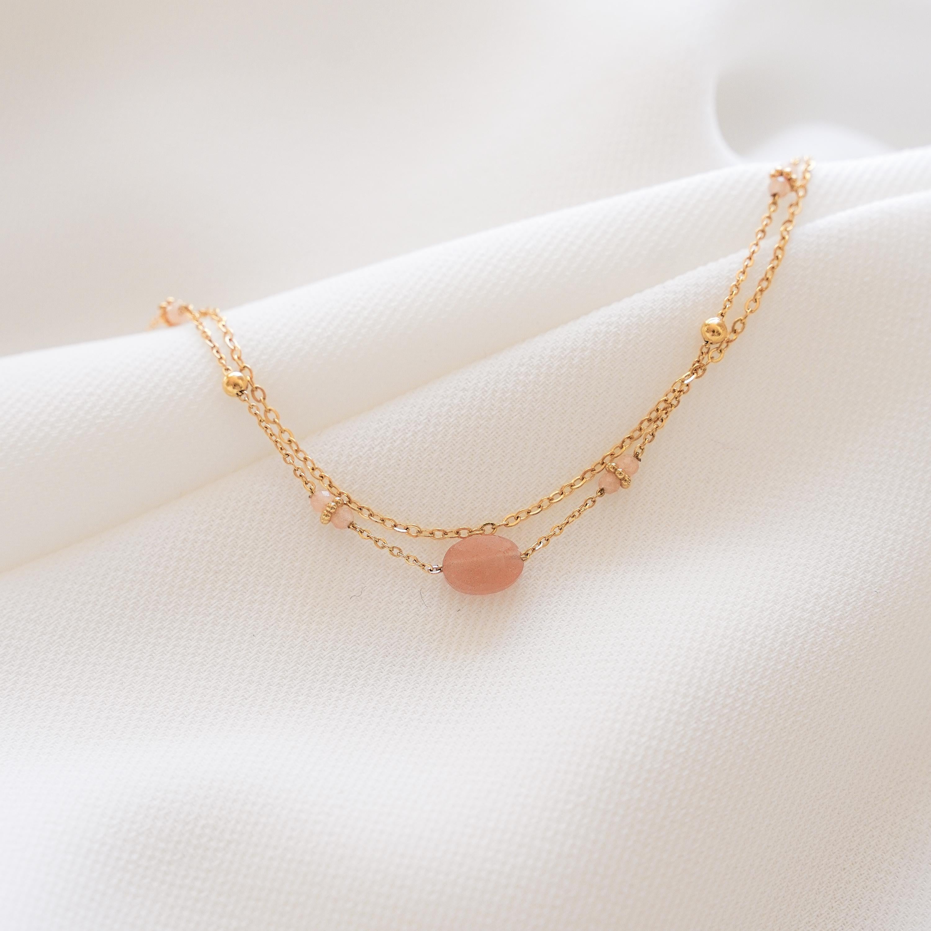Bracelet acier inoxydable pierre naturelle quartz rose / Bracelet double chaine fine perle ovale rose pale