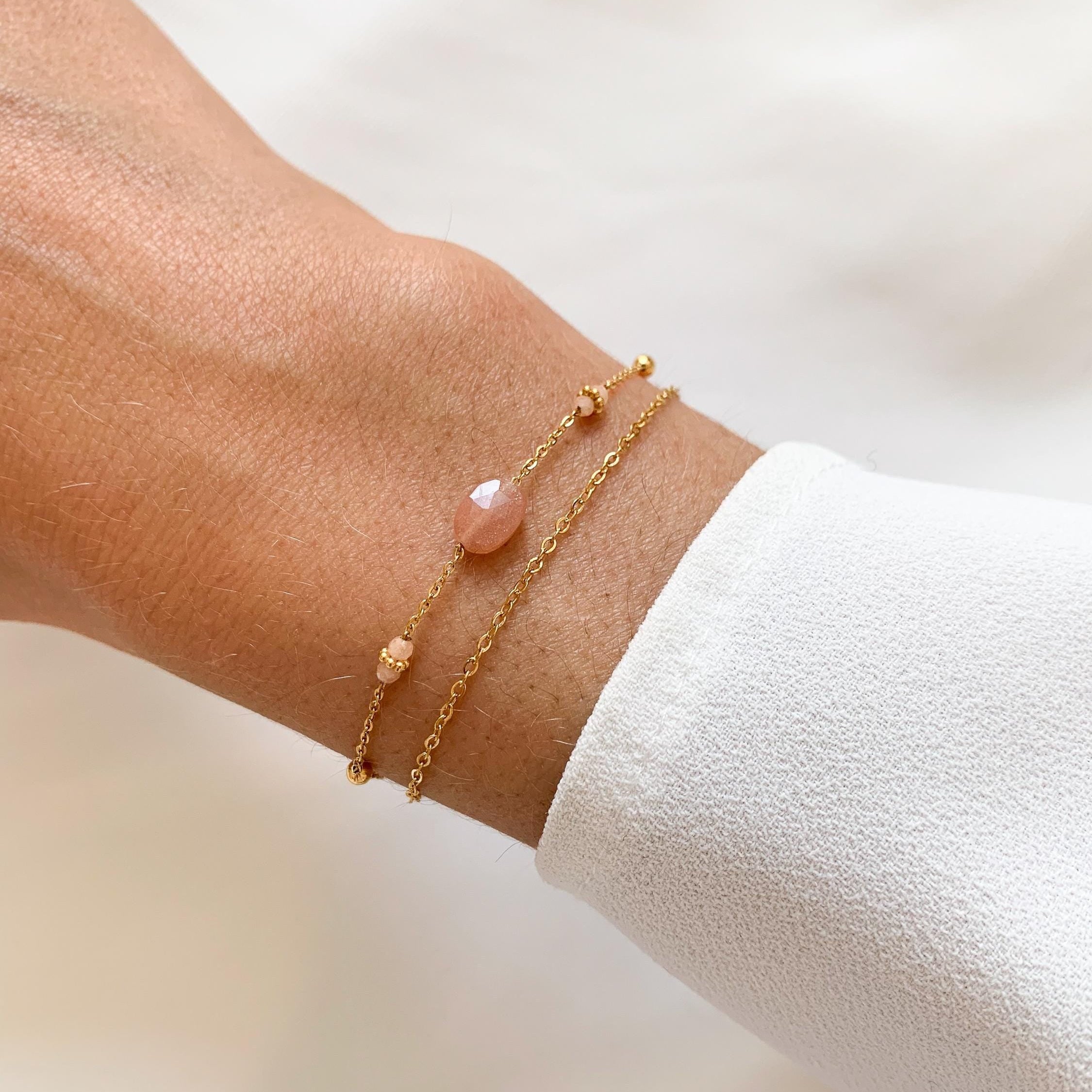 Bracelet acier inoxydable pierre naturelle quartz rose / Bracelet double chaine fine perle ovale rose pale